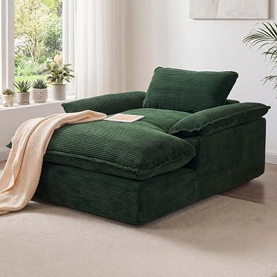 67" Chaise Lounge Chair Indoor, Oversized Boneless Chaise Lounge | Green | no assembly | corduroy fabric | extra deep seat | double cushion | wide armrests | for living room bedroom apartment