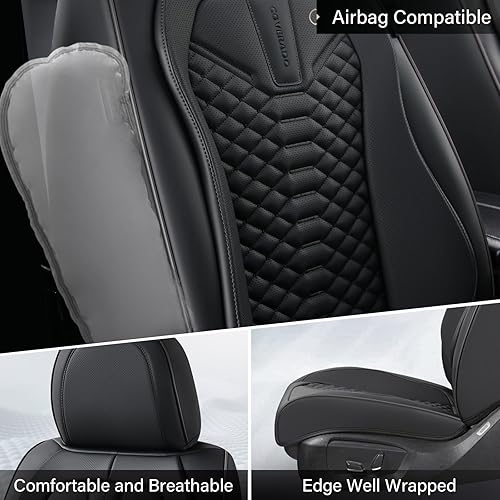 Miniatura 4 de Coverado Fundas de asiento de cuero, juego completo de fundas de asiento de automóvil, fundas de asiento negras para automóviles, protector de