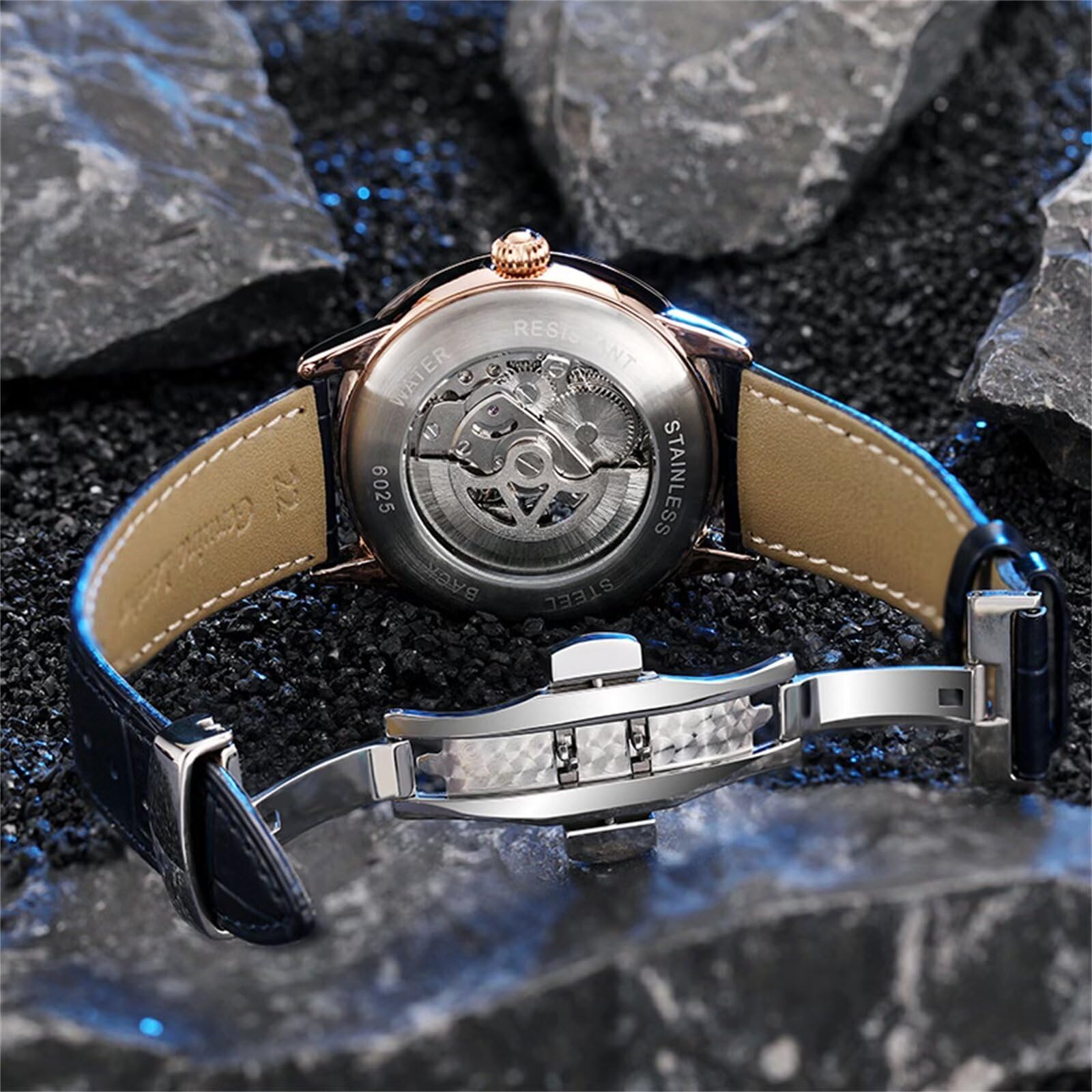 Orologio da uomo alla moda, quadrante con cielo stellato, meccanico a carica manuale, cinturino in pelle, casual, con fasi lunari, tourbillon, orologi automatici