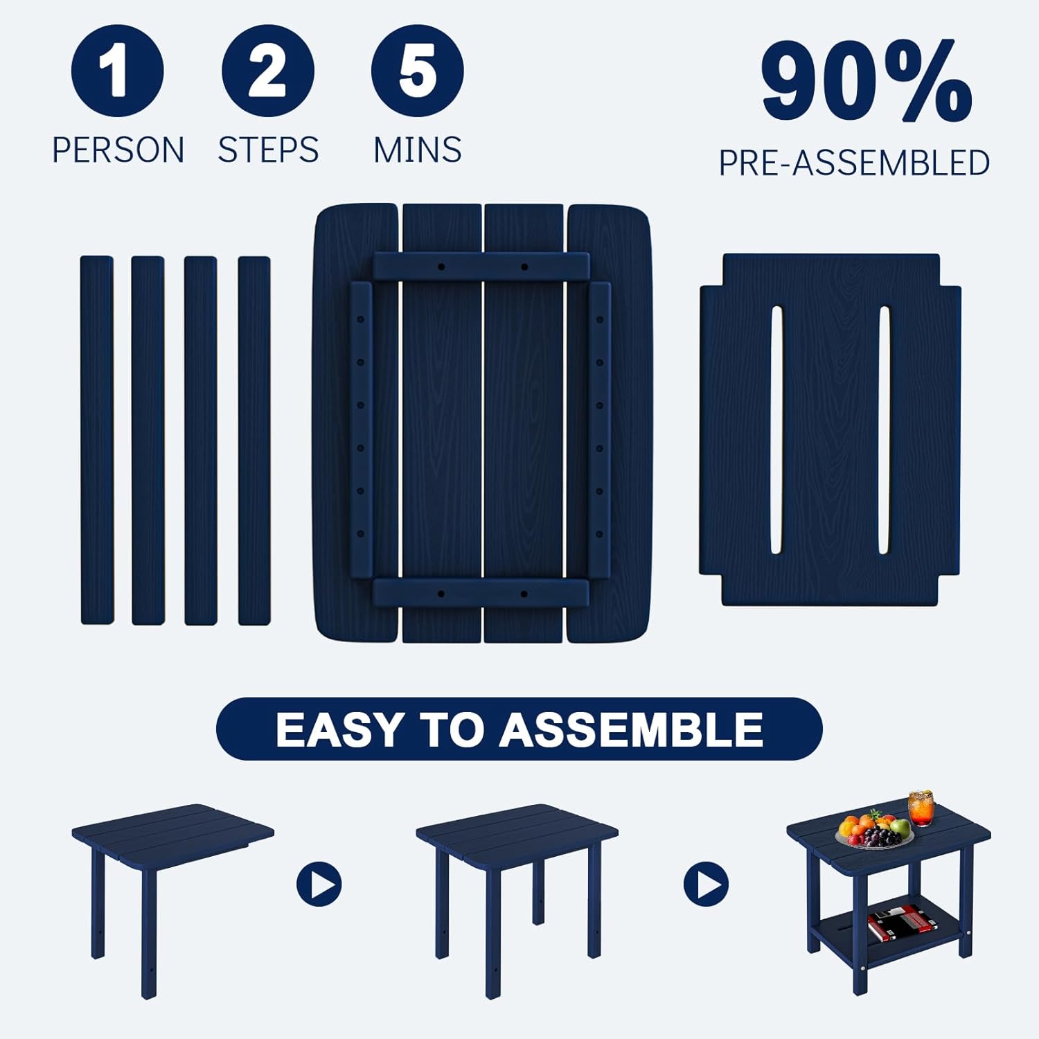 Folding Adirondack Chair Set 3-Piece - 38" Extra Tall Back & Embossed Wood Grain, Oversized HDPE Patio Furniture with Side Table & Cup Holders, 380lb Heavy Duty, Navy Blue