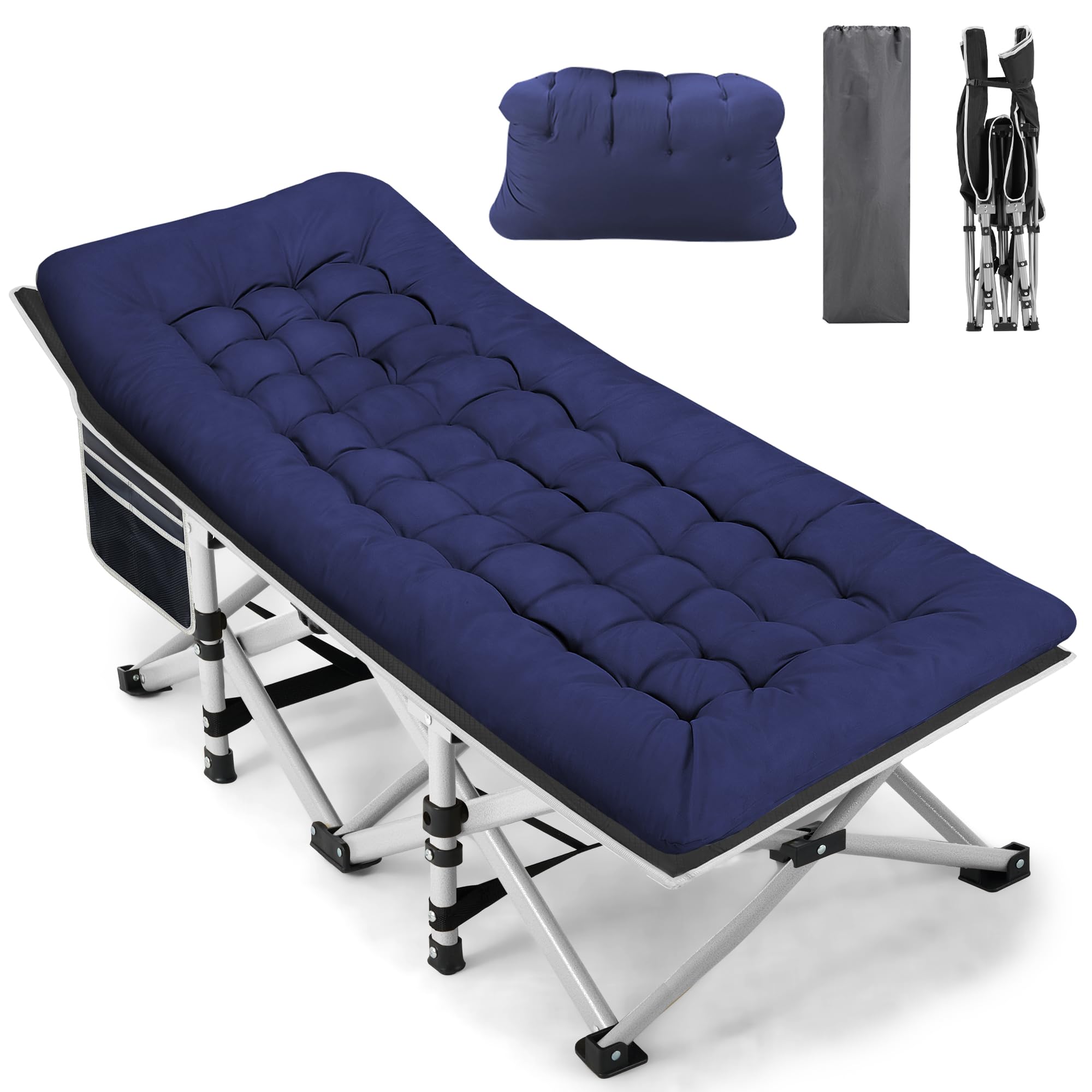 Photo 1 of Fragess Portable Camping Cot, Sleeping Cot for Adult, 28" Extra Wide Heavy Duty Folding Cot Max Load 600LBS with Thick Mattress, Portable Camping Bed for Camp Outdoor/Office, Home Nap (Blue)