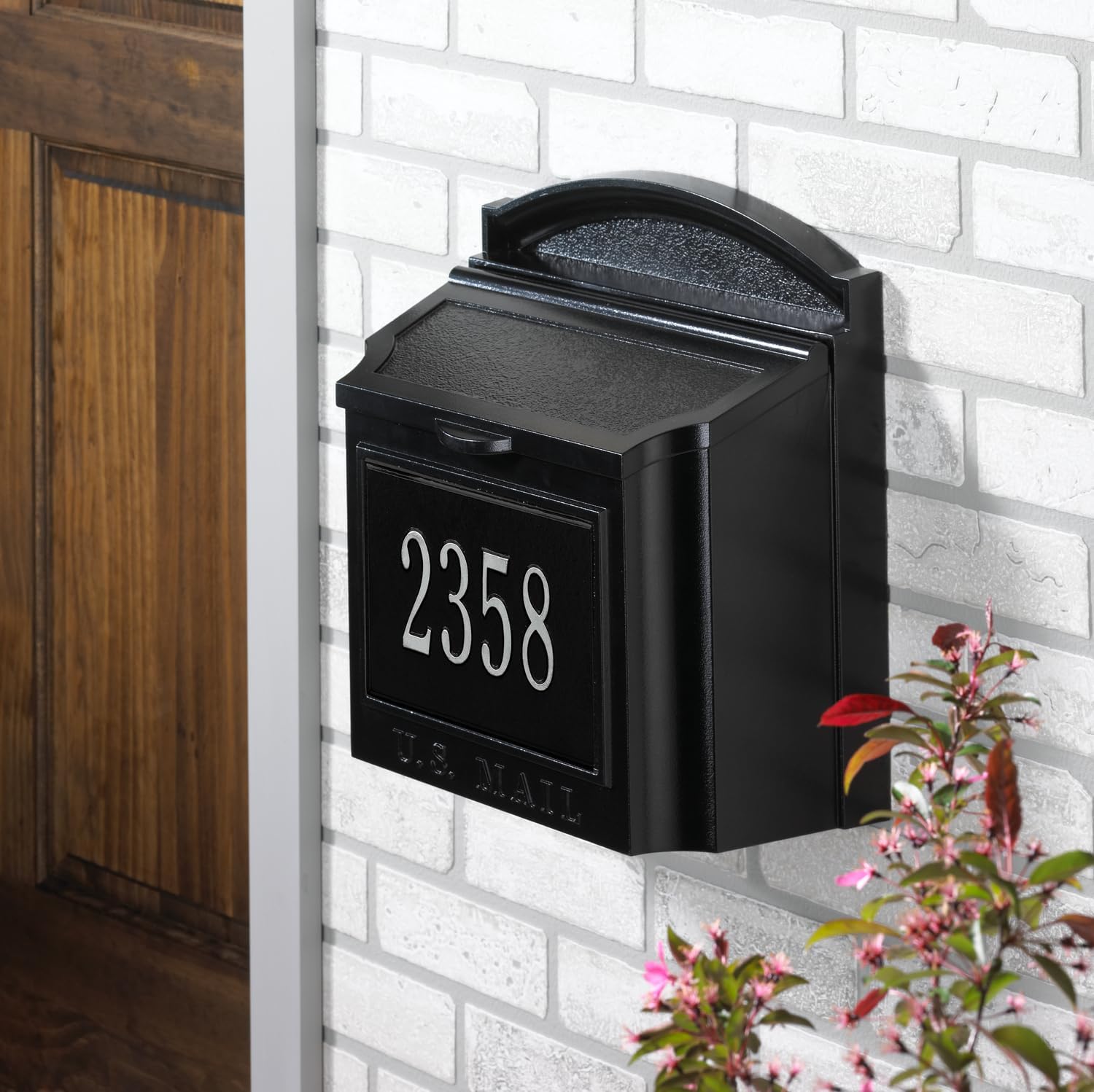 Whitehall Locking Mailbox Wall Mounted - Large Aluminum Mailbox with Silver House Numbers, Weather-Resistant Mail Box for House Front Door, Heavy Duty Mail Holder, Vintage Mailboxes for Outside -Black