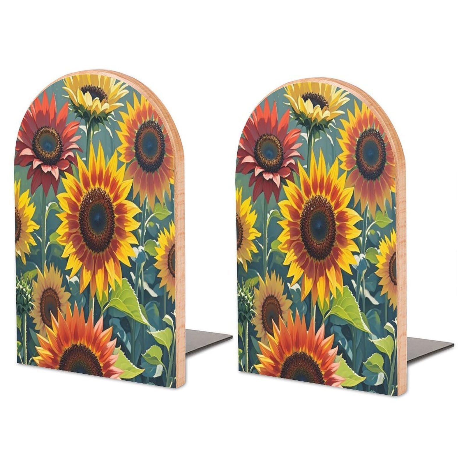 Sujetalibros de madera con girasoles amarillos y base de metal resistente para estanterías