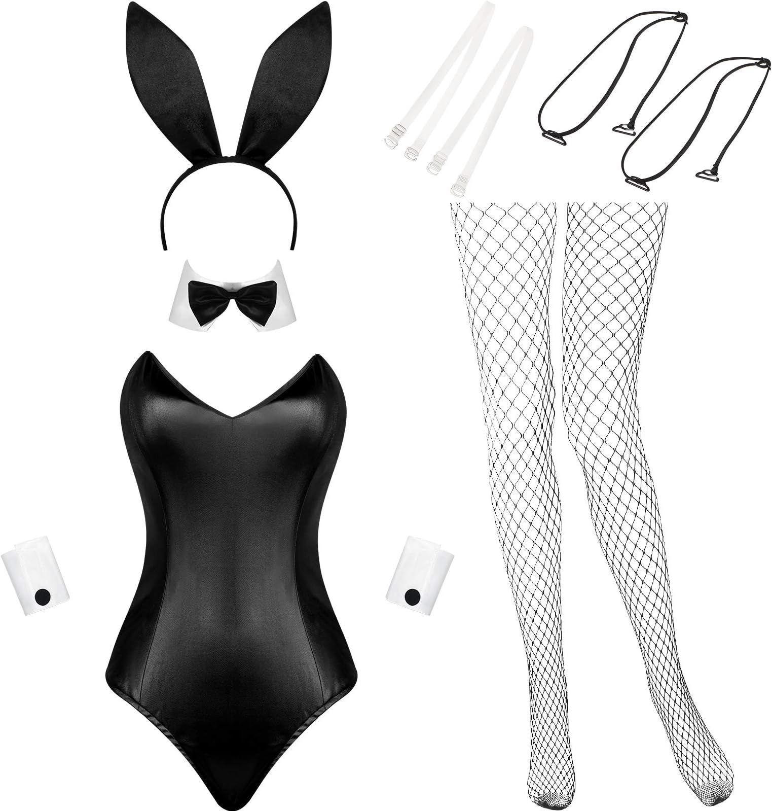 Geyoga Anime Women Bunny Costume Bunny Outfit Halloween Cosplay Bodysuit Role Costume Bunny Headband Stocking Set