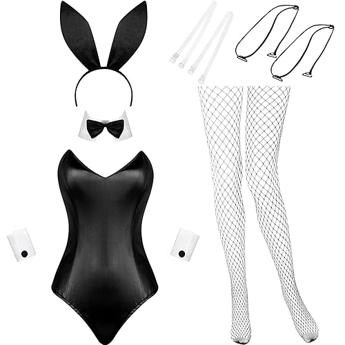 Geyoga Anime Women Bunny Costume Bunny Outfit Halloween Cosplay Bodysuit Role Costume Bunny Headband Stocking Set - Small - White and Black
