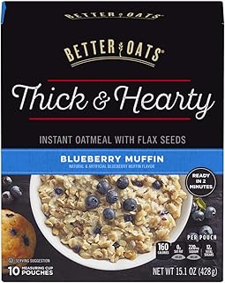 Better Oats Thick & Hearty Whole Grain Instant Oatmeal with Flax Seeds, Blueberry Muffin flavor, 15.1 Ounce Box, Pack of 6