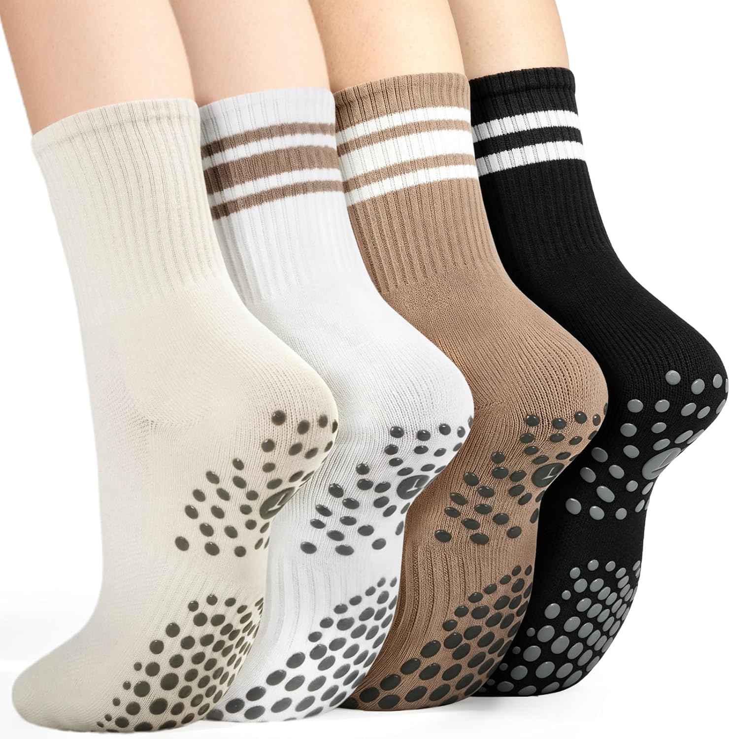 4 pairsWomen's Non Slip Grip Yoga Socks with Sticky Grips for Ballet Dance, Hospital,Pilates crew socks