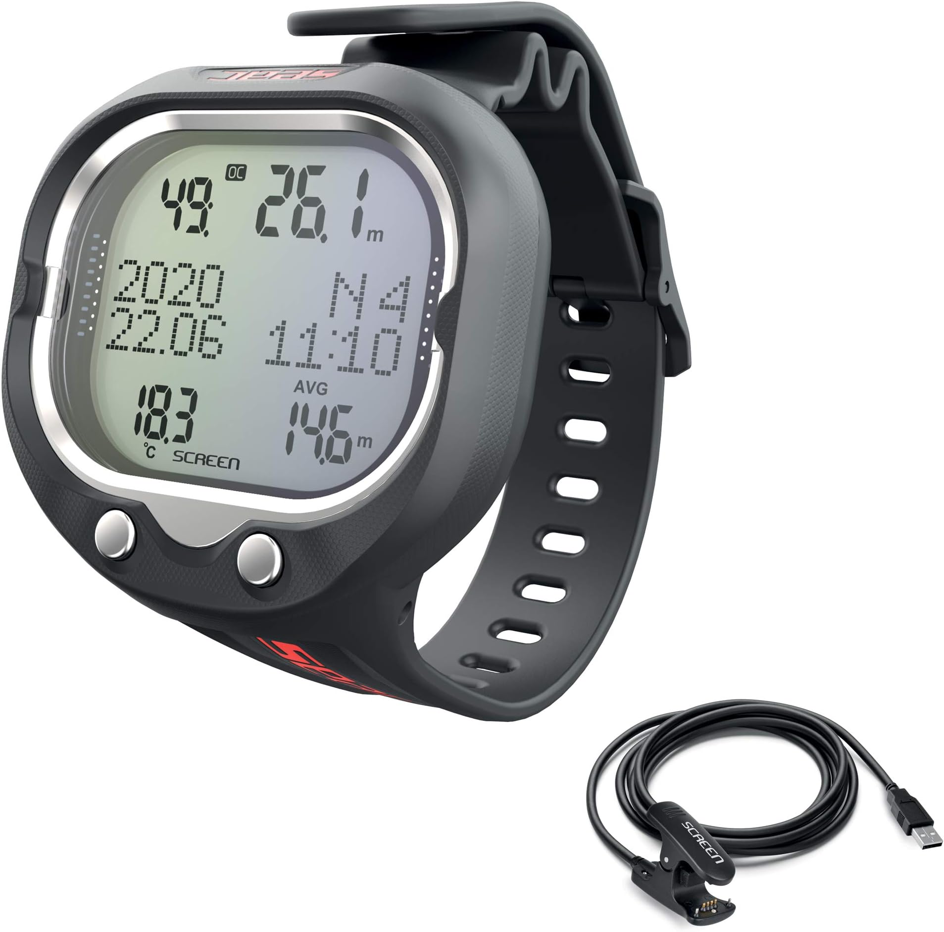Screen Scuba Wrist Dive Computer for Freediving Mode with USB Cable, Black/Red