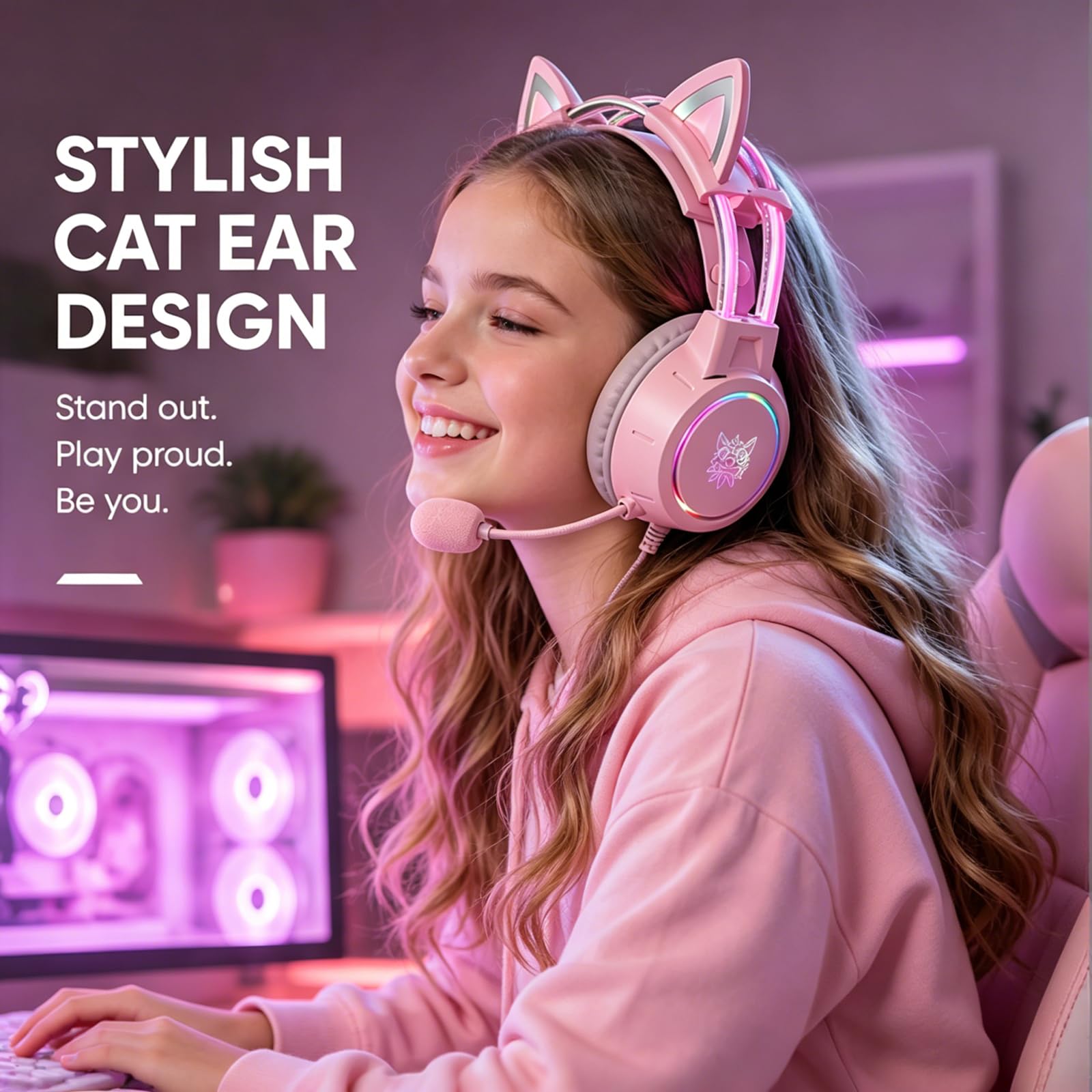 OHAANYY Cuffie Gaming Orecchie da Gatto, RGB Over-Ear 268g Microfono (50mm)