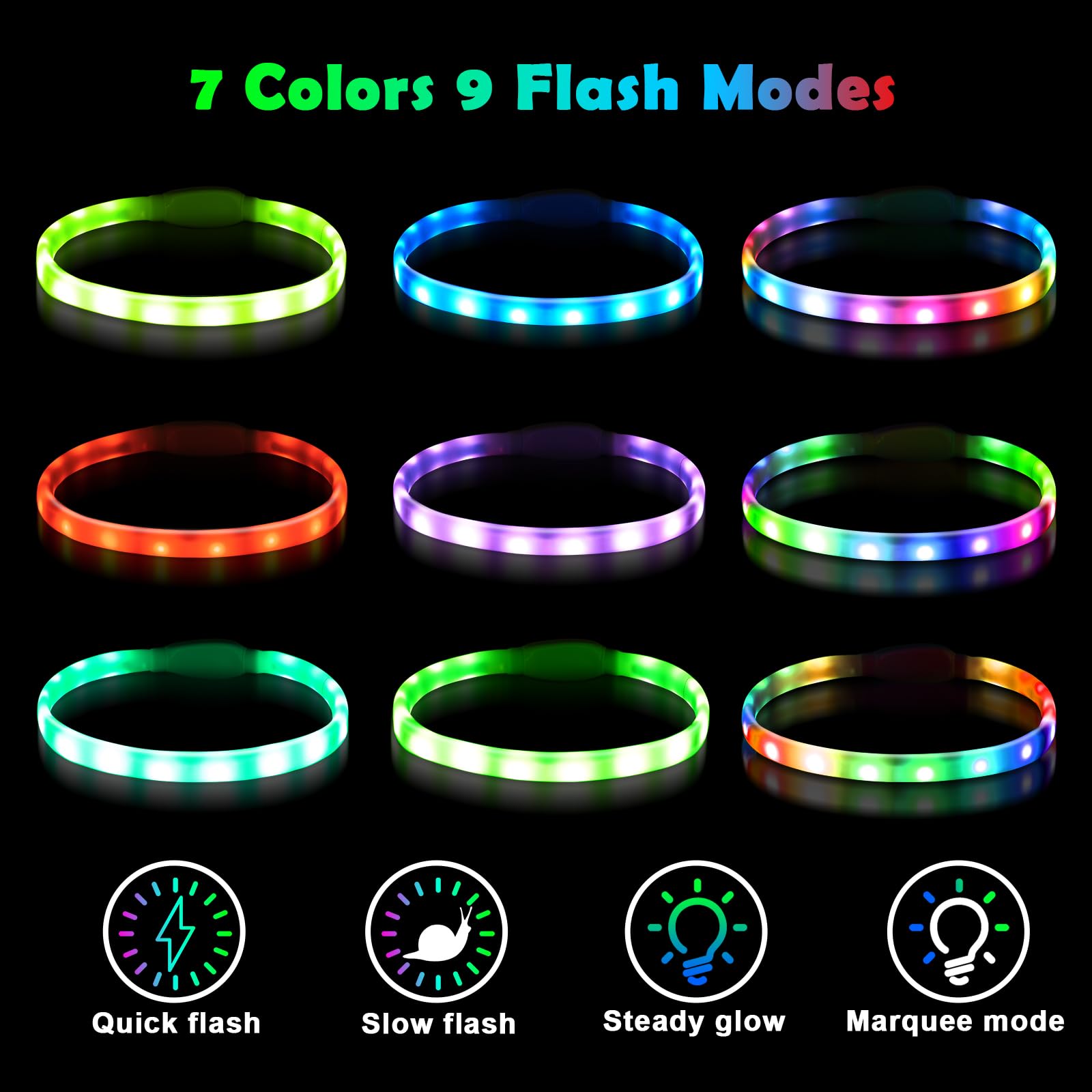 AUAUY Collare Luminoso per Cani, Collare per Animali Domestico LED Ricaricabile USB, Collare di Lunghezza Regolabile con 9 modalità Luminose per Cani di Taglia Piccola Media Grande - Multicolore