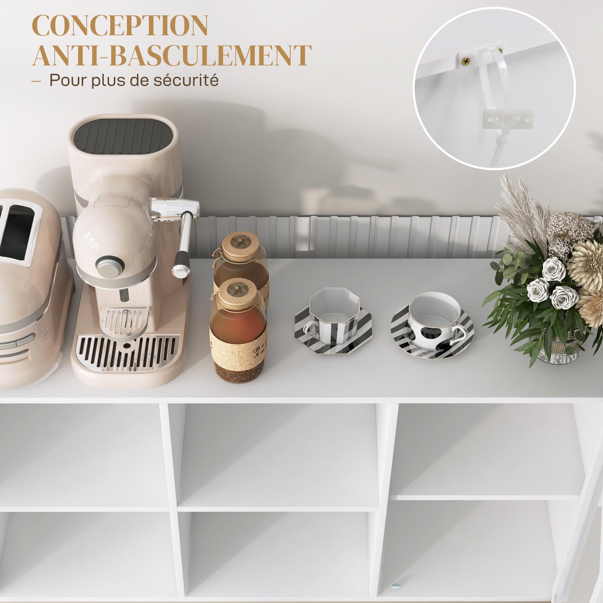 HOMCOM Aparador de Cocina Mueble Aparador con Puerta de Malla 4 Compartimentos Abiertos y Estante Ajustable Mueble de Cocina Moderno Bueffet para Salón Comedor 120x37x81,5 cm Blanco