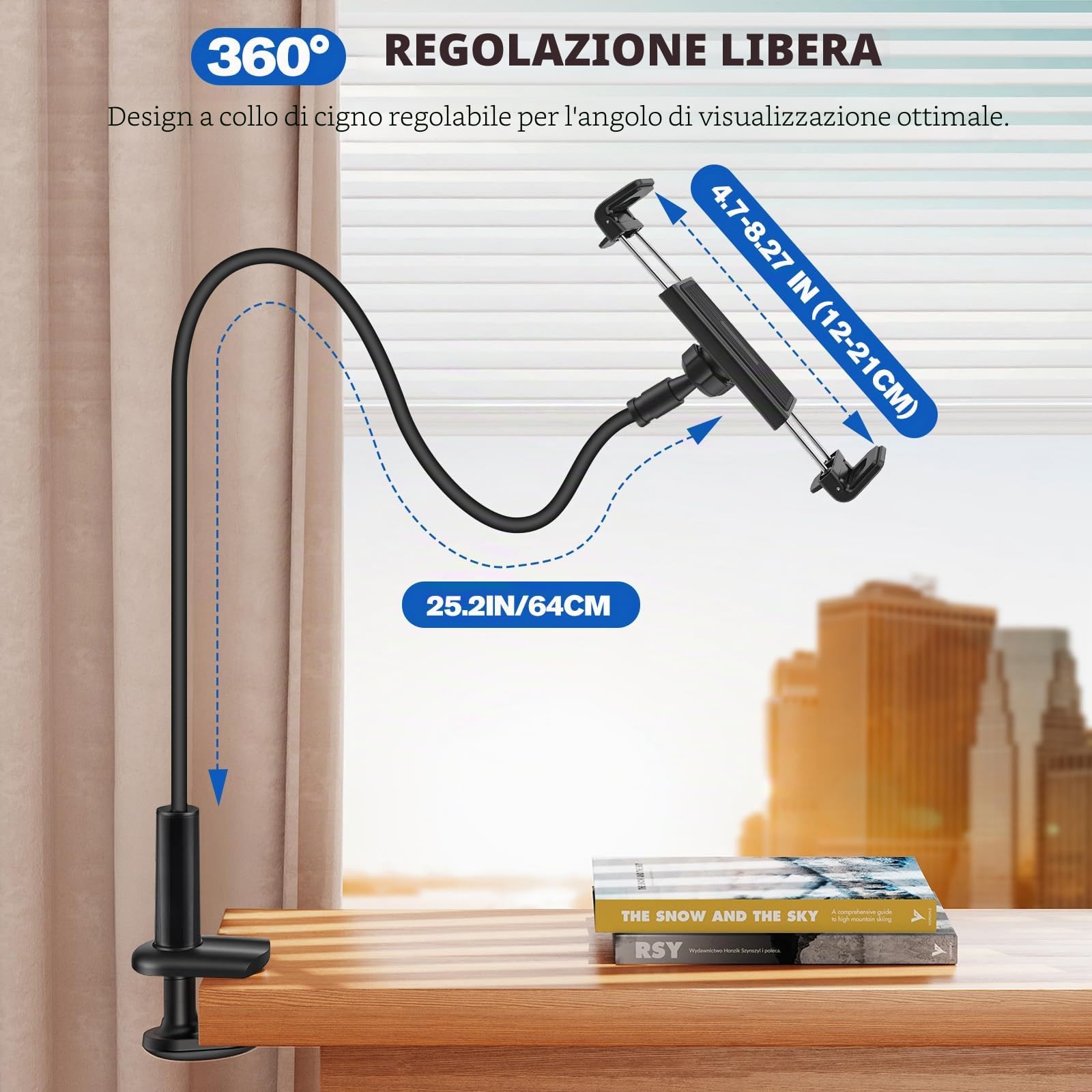 Supporto per Kindle a Collo di Cigno con Telecomando Gira Pagine per Leggere a Letto, Supporto da Scrivania per Tablet, Braccio Lungo Flessibile per Tablet, iPhone e Accessori Kindle