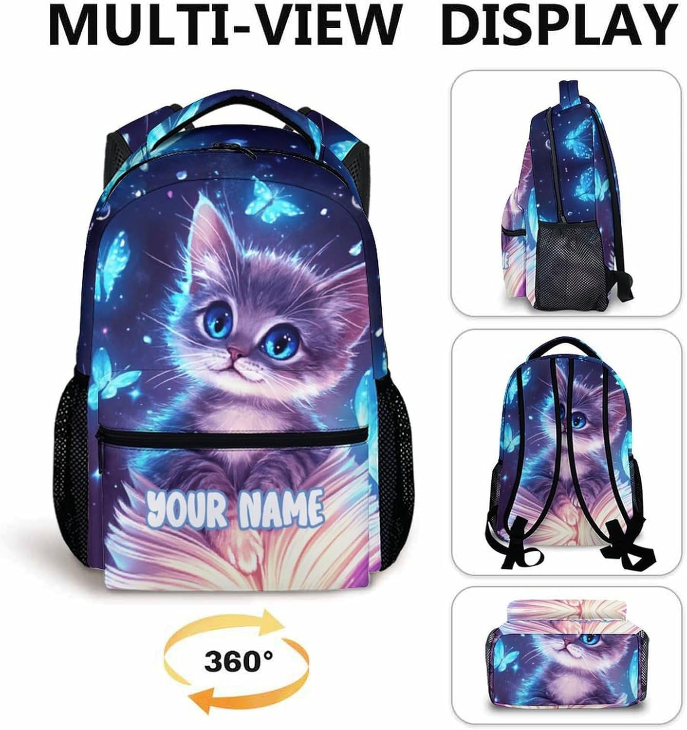 School Backpack for Girls, Personalized Cat Backpacks for Kids Kindergarten Preschool, 17 Inch Lightweight Cute Cat Bookbag with Custom Name for Travel Hiking Back to School