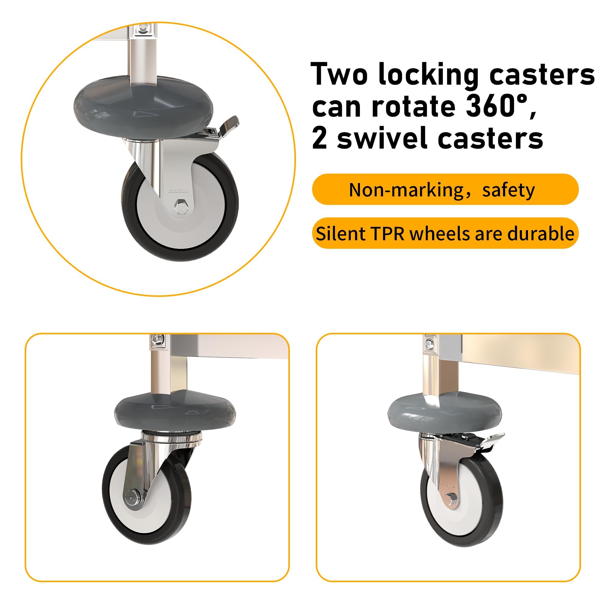 uyoyous Carrello da portata industriale a 3 ripiani, in acciaio inox, resistente, con ruote girevoli a 360°, carrello da cucina in acciaio inox, per hotel, ristorante, uso domestico