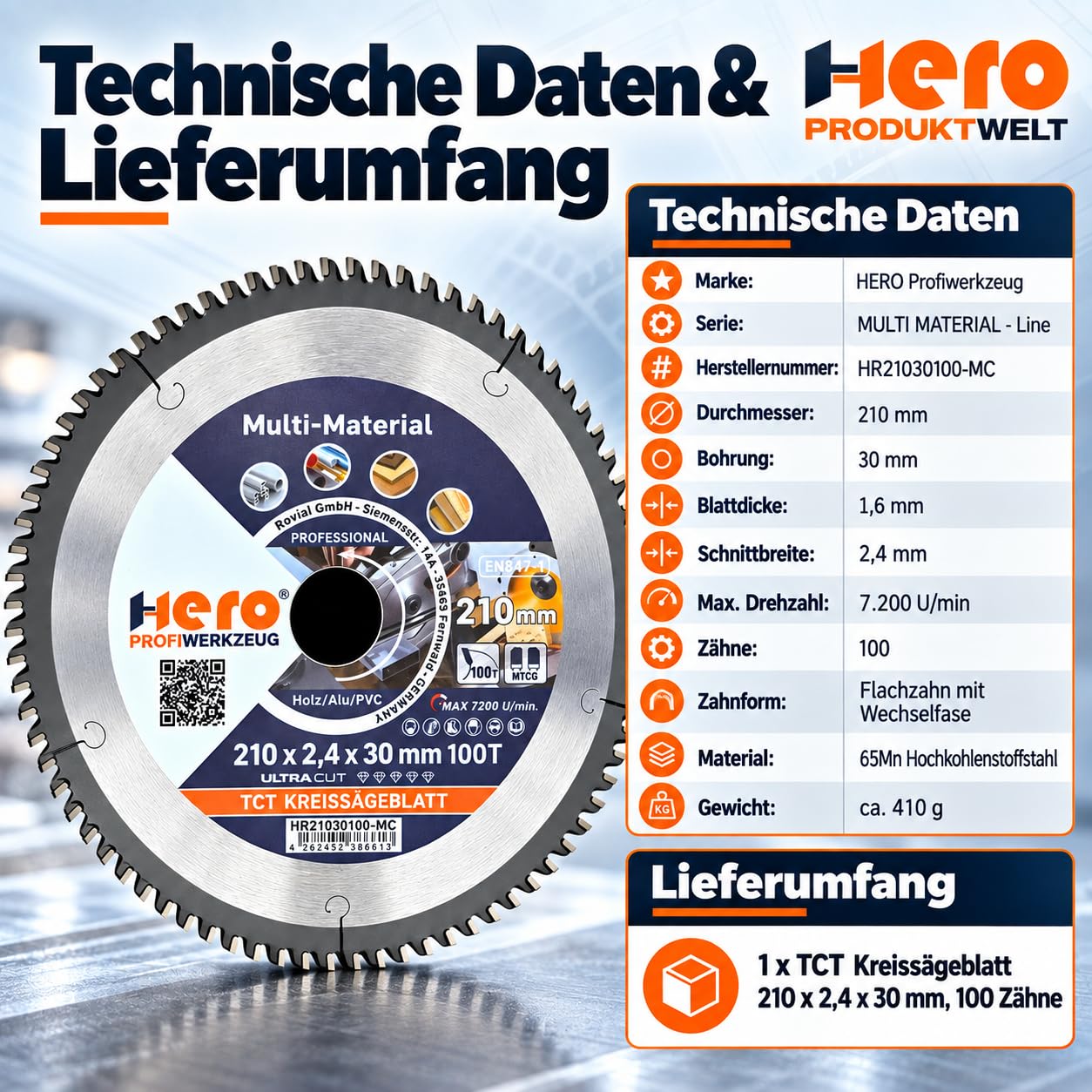 HERO Kreissägeblatt 210 x 30 mm 100 Zähne – Profi Hartmetall TCT Multi Material Sägeblatt für Holz, Laminat, Aluminium, PVC & NE-Metalle – Präzisions Feinschnitt