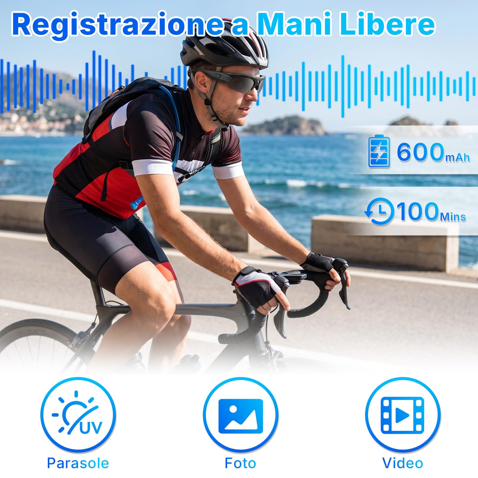 Occhiali da Sole con Telecamera, Occhiali con Telecamera Nascosta | Mini Action Cam, Registrazione video in HD, 100 minuti, 120°, Wi-Fi, registrazione in loop per attività all'aperto