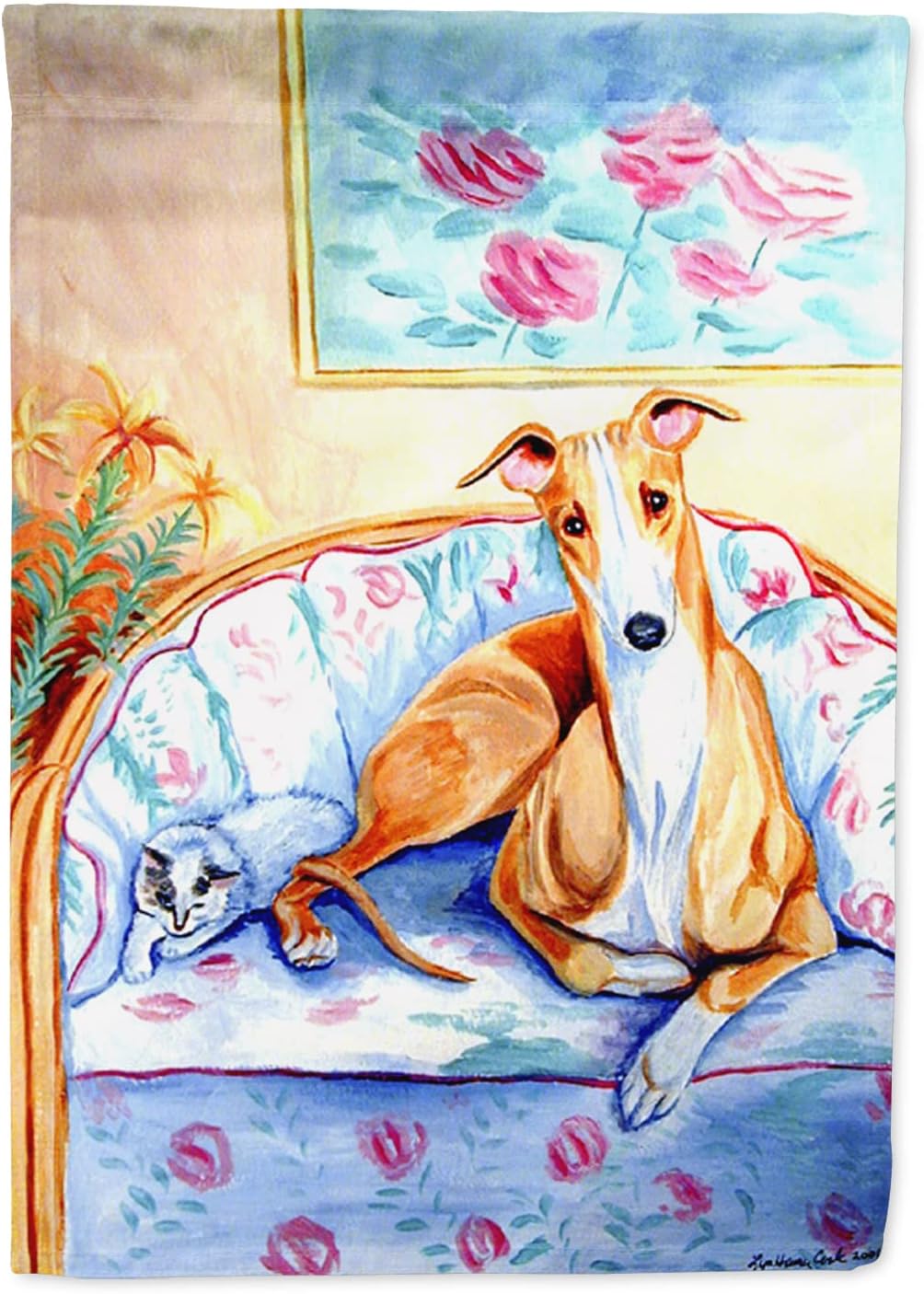 Caroline's Treasures 7081CHF Whippet Waiting on you House Flag Large Porch Sleeve Pole Decorative Outside Yard Banner Artwork Wall Hanging, Polyester, House Size, Multicolor