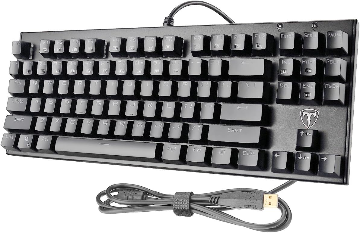 TOMOKO Water-Resistant 87 Key LED Backlit Mechanical Gaming Keyboard with Blue Switches, 6-Color LED Backlit, Gray