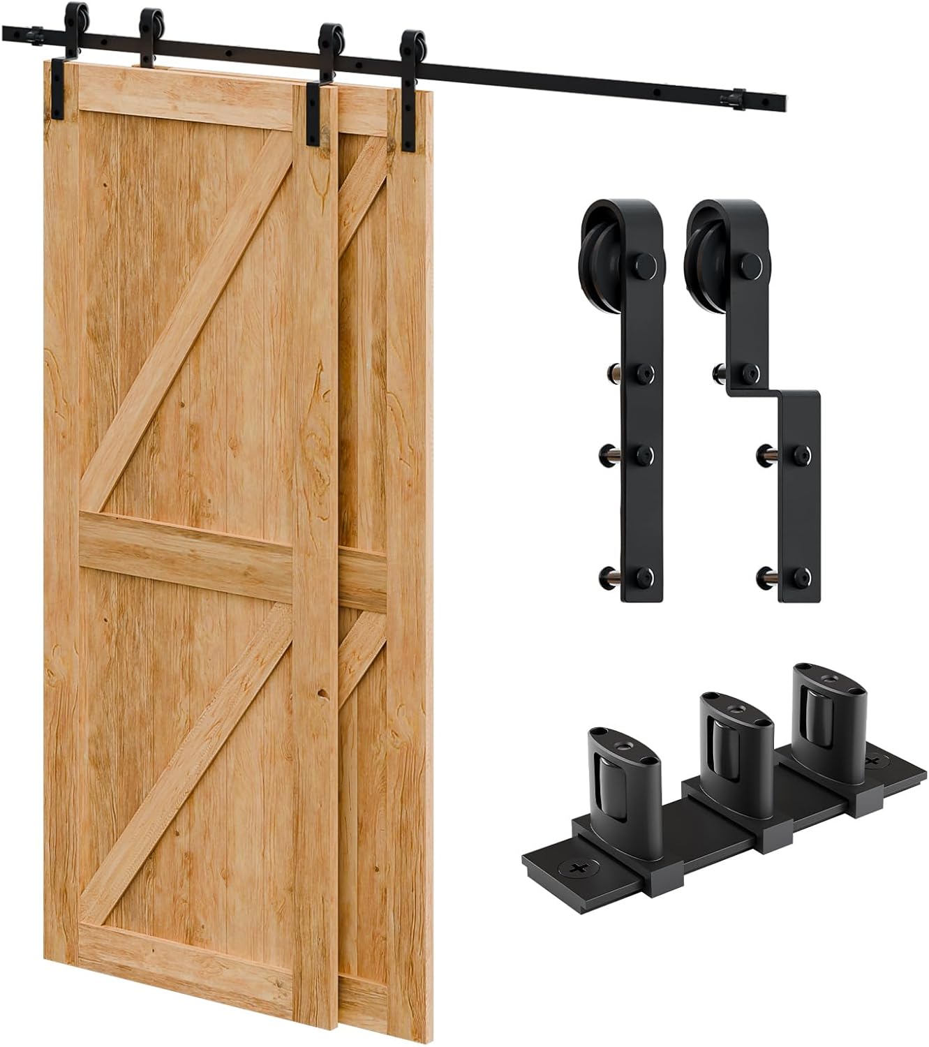 6 Feet Bypass Sliding Barn Door Hardware Kit for Double Wooden Doors-Single Track with Bypass Door Floor Guide