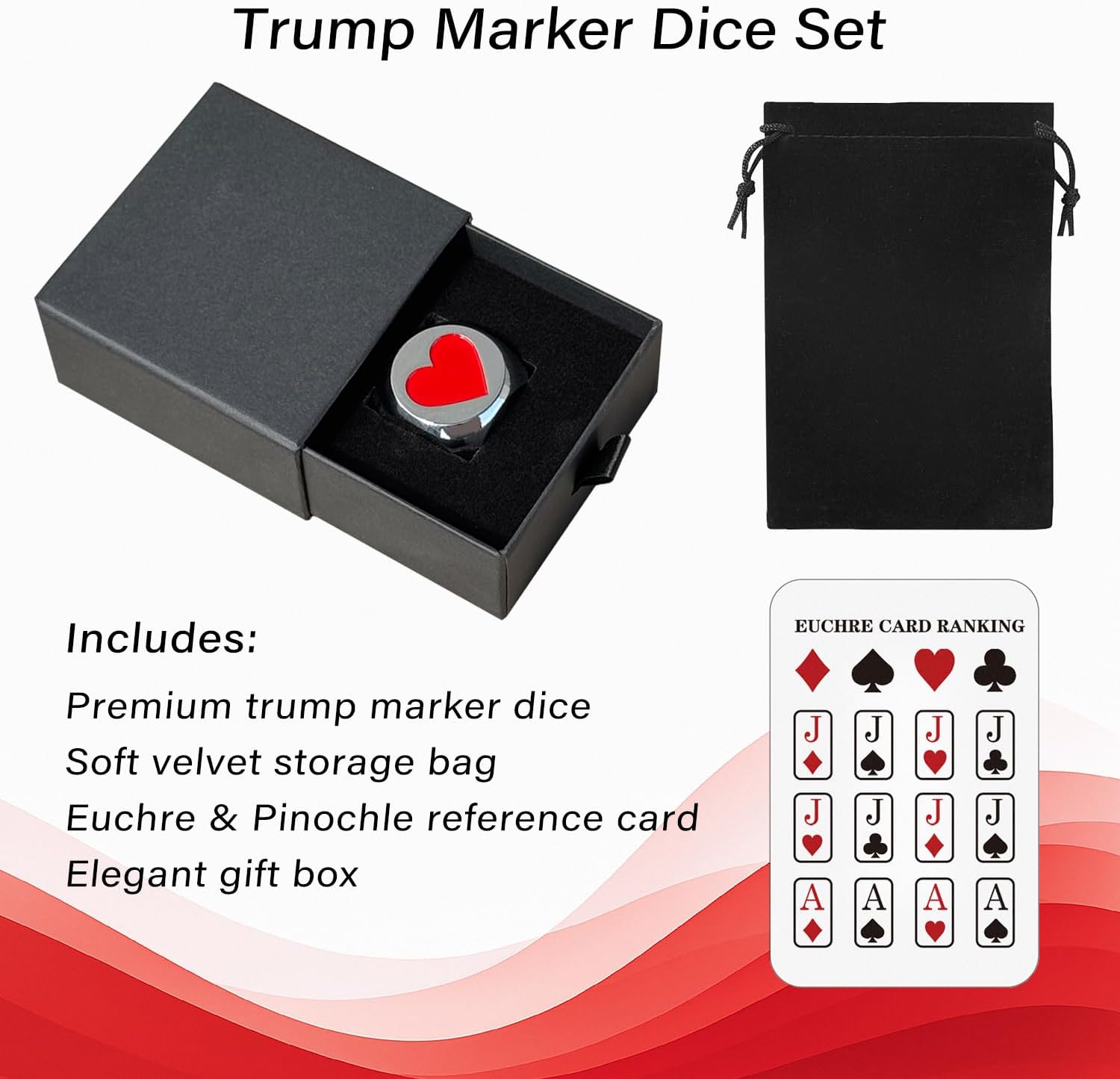 Premium Trump Marker Dice, 1.25 Inch Metal Euchre Cube with Velvet Storage Bag, Trump Indicator for Euchre, Pinochle, Bridge, Poker, and Other Card Games