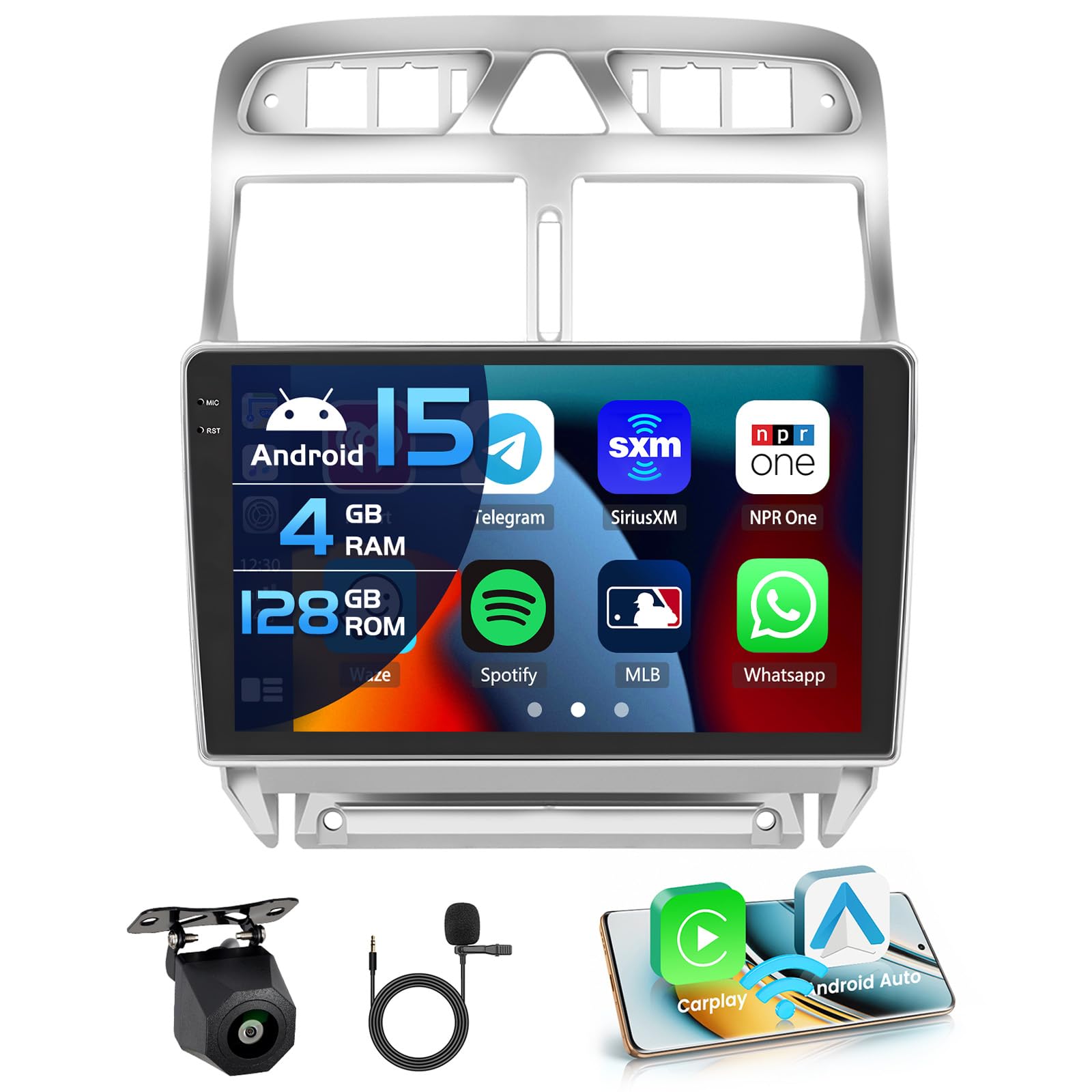 Inefala 4+128G Android 15 Autoradio pour Peugeot 307 307CC 307SW 2002-2013, 9'' In-Cell Bildschirm avec sans Fil Carplay et Android Auto Lien Miroir Radio FM/RDS GPS WiFi Bluetooth SWC Caméra de Recul