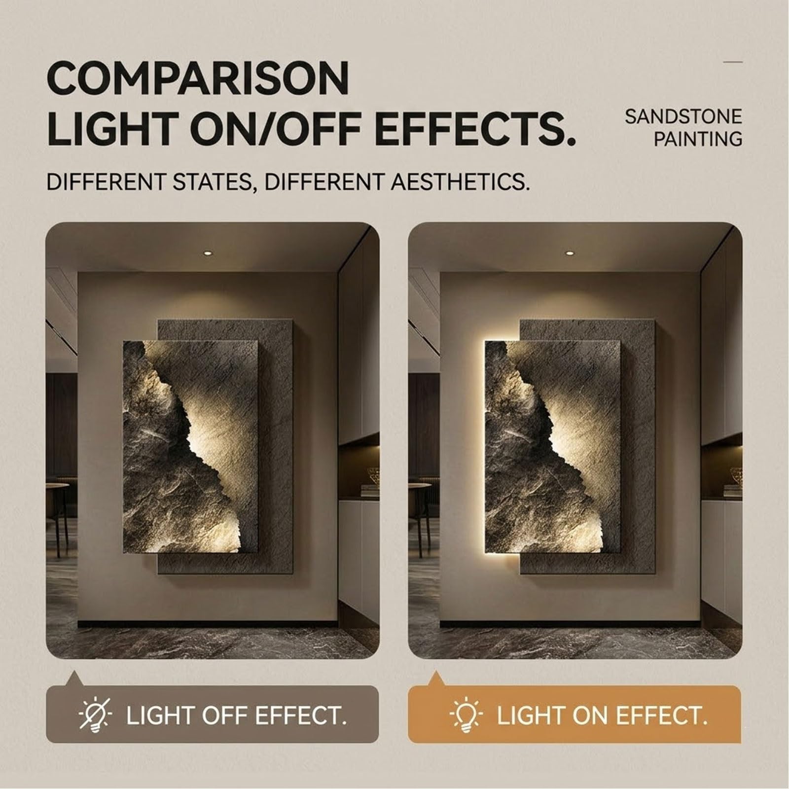 OECETCAWKD Sandstein 3D Vision Wandbild mit LED Beleuchtung, Wandskulptur Rahmenlos mit Fernbedienung, Wanddeko Moderne Abstraktes Gemälde für Wohnzimmer Flur(A,60 * 80CM/23.6 * 31.5IN)