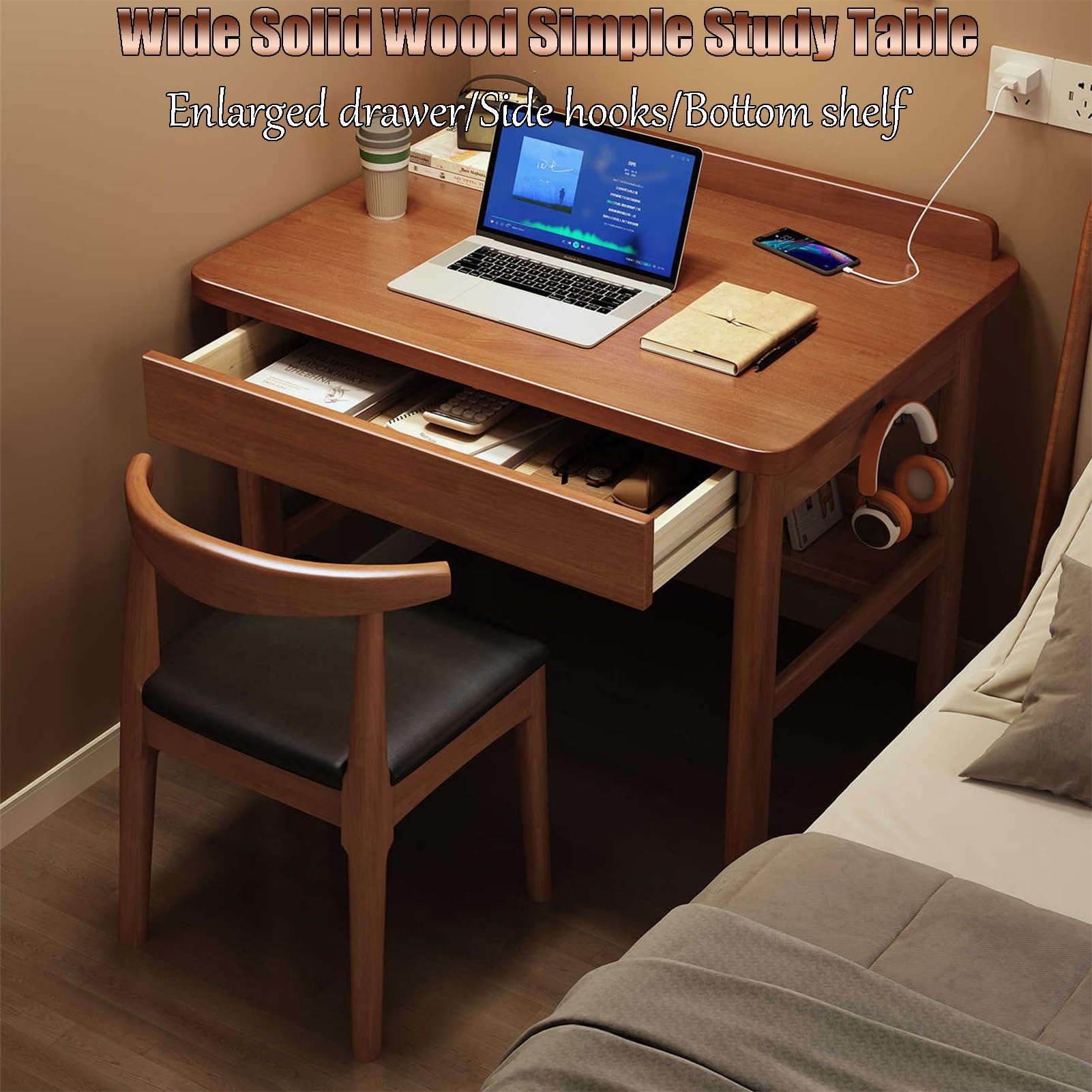 Solid Wood Creative Study Table Computer Desk with Drawer Storage Thick Material no wobbling Wide Tabletop Suitable for a Wide Range of Applications(Walnut Coloured,80 * 40 * 75cm)