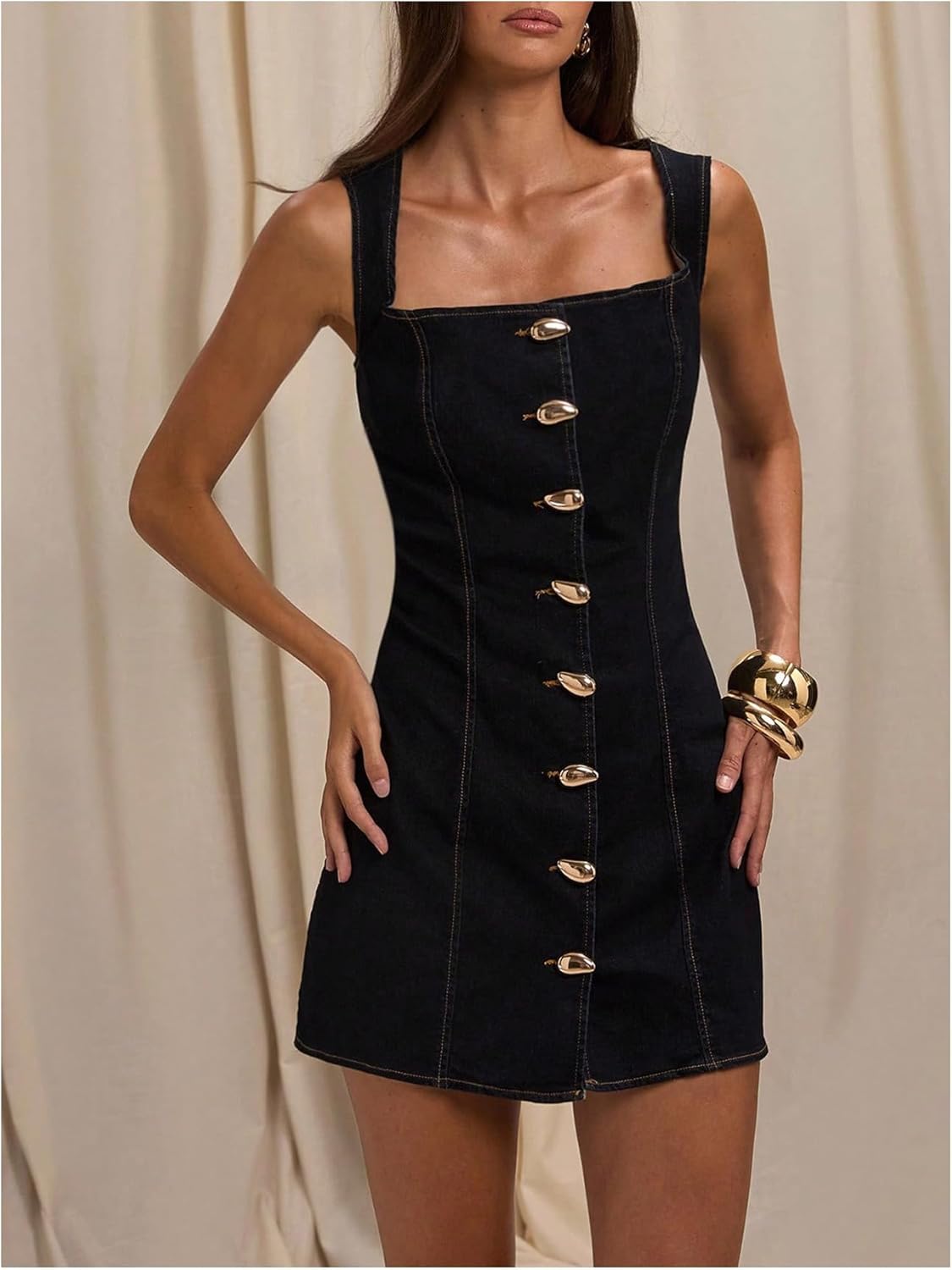 Milumia Women's Button Down Denim Mini Dress Sleeveless Square Neck A Line Tank Dresses - Image 2