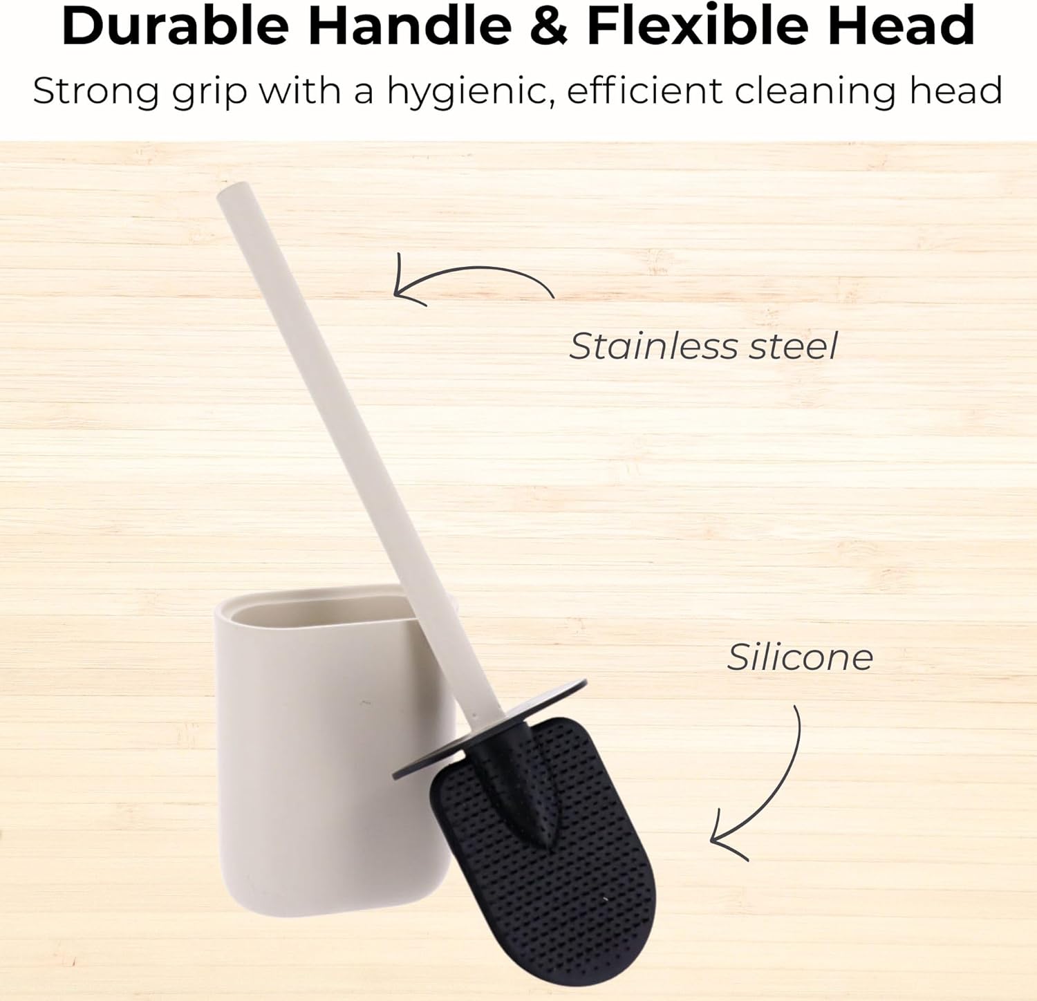 Oval Beige Toilet Brush and Holder Set - Minimalist Polyresin Base, Stainless Steel Handle, Silicone Head - Japandi Collection