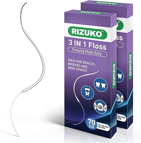 Hilo dental para aparatos ortopédicos, hilo dental 3 en 1 para puentes, implantes, limpieza profunda, 70 hebras precortadas (paquete de 2)