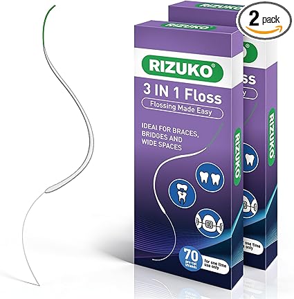Dental Floss for Braces, 3-in-1 Dental Floss for Bridges, Implants, Deep Cleaning 70 Pre-Cut Strands (Pack of 2)