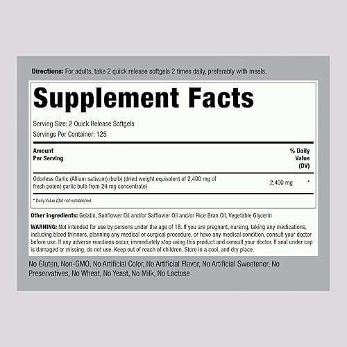 Miniatura 2 de Piping Rock Suplemento de ajo inodoro de 2400 mg | 250 cápsulas blandas | Extracto de hierbas de alta potencia | Pastillas extra fuertes | Sin OMG,