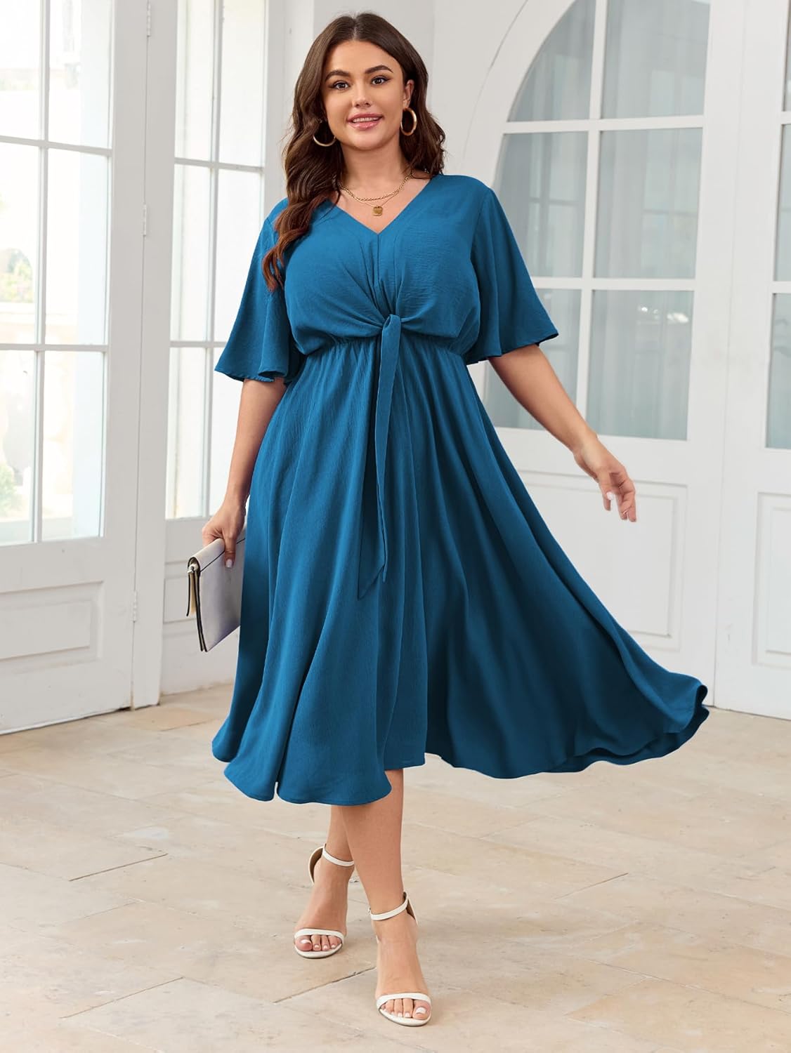 SCOMCHIC Women Plus Size Midi Dresses Wedding Guest Short Sleeve V Neck Tie Waist Casual Summer Flowy A Line Dress - Image 5