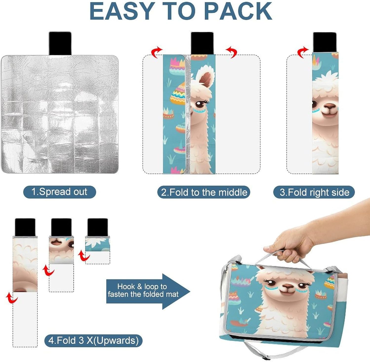 Alpaca Patterm Waterproof Picnic Blanket 58.3''x58.3'',Portable and Foldable Picnic Mat with Handle,Outdoor Blankets for Lawn Park Beach Travel
