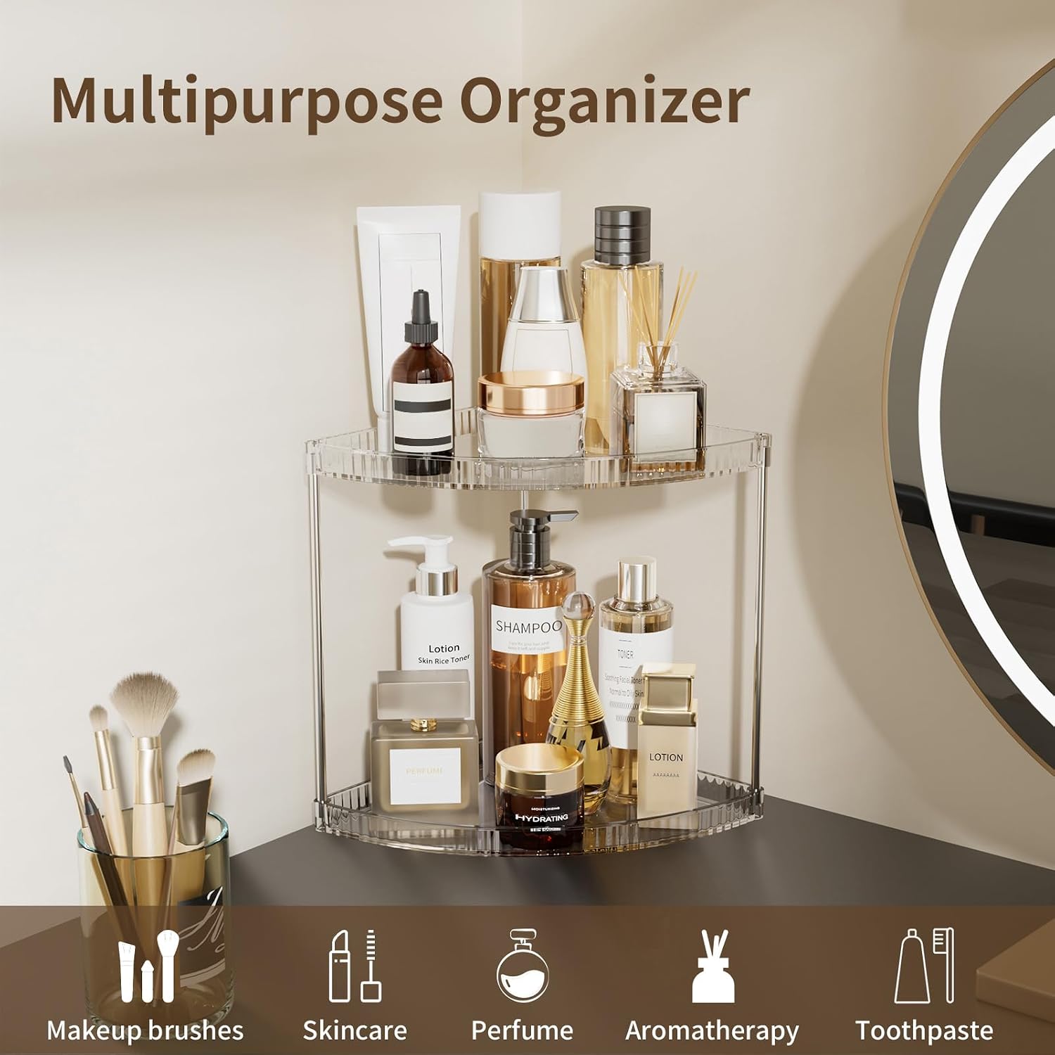 2 Tier Corner Bathroom Counter Organizer, Clear Vanity Makeup Storage Shelf
