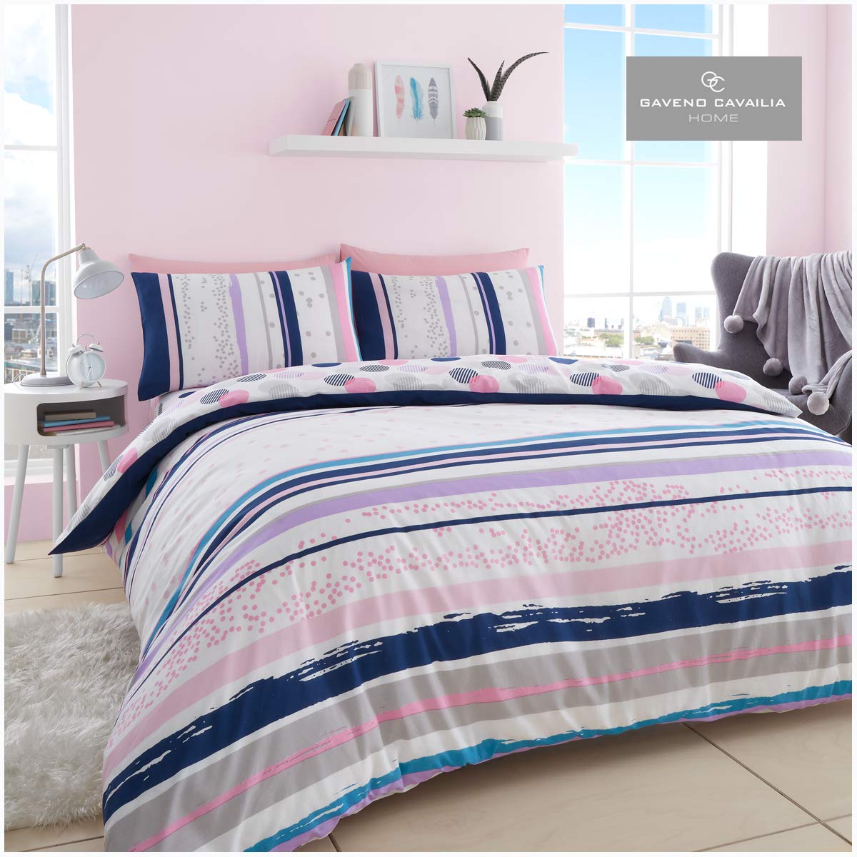GC GAVENO CAVAILIA Gaveno Cavailia Modern Stripes Duvet Cover Quilt Set With Pillow Case, Reversible, Poly Cotton, Earle Pink, Single Size Bedding, Polycotton