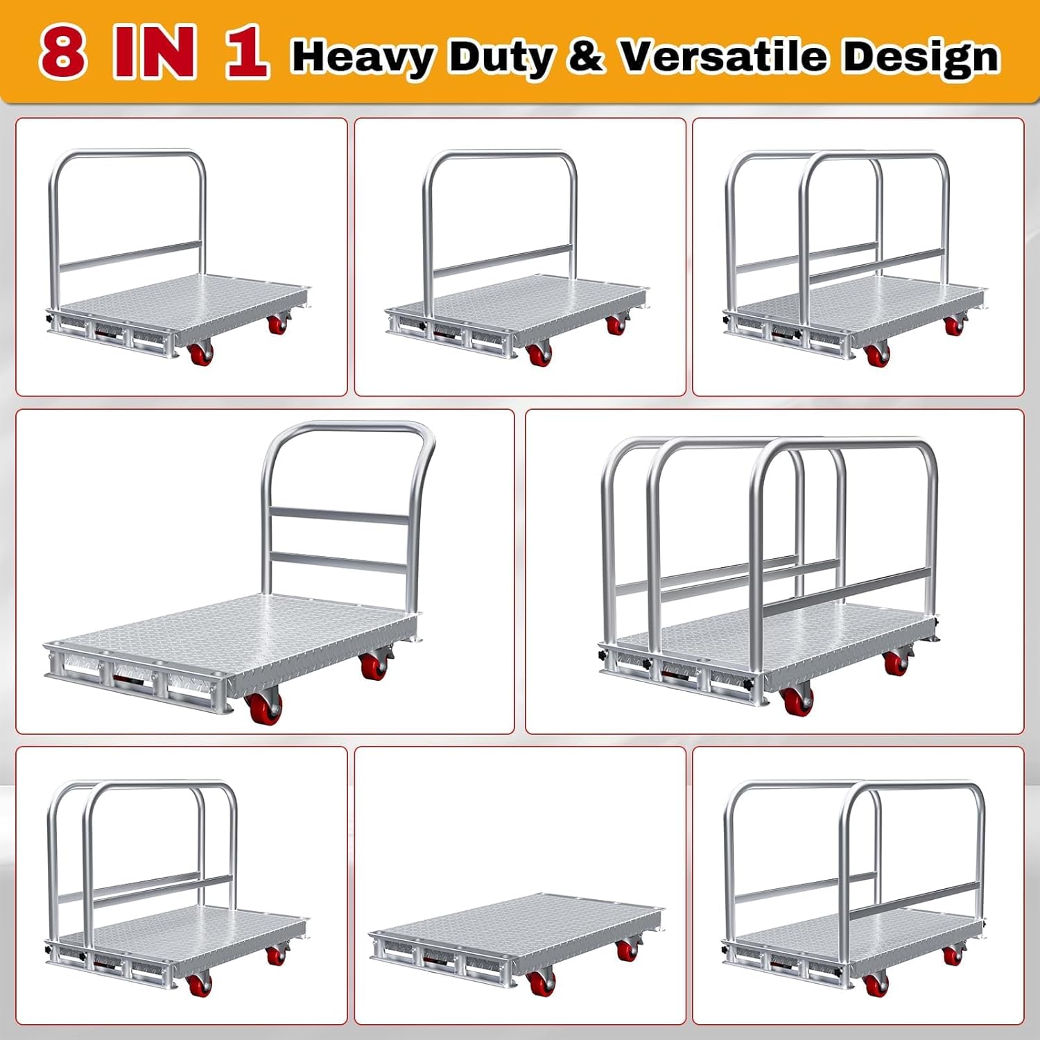 2IN1 Steel Panel Cart Dolly – Large Heavy Duty Drywall Lumber Truck Cart with 2700 LBS Capacity, 40 x 24 Inch 2.2MM Steel Plate, 6.3" Swivel Brake Wheels, 1 Front & 3 Side Handrails