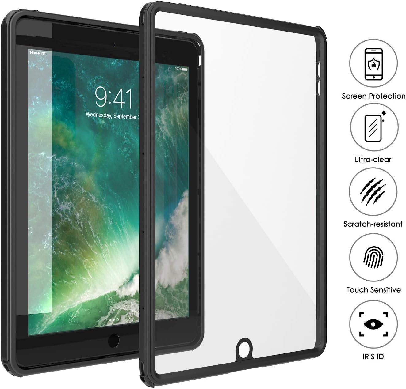 Gerutek Waterproof Case for iPad 9.7 Inch, 2018/2017 Model, 6th/5th Generation, Slim Rugged Armour Shockproof Waterproof Cover with Built-in Screen Protector+ Stand & Neck Strap Black