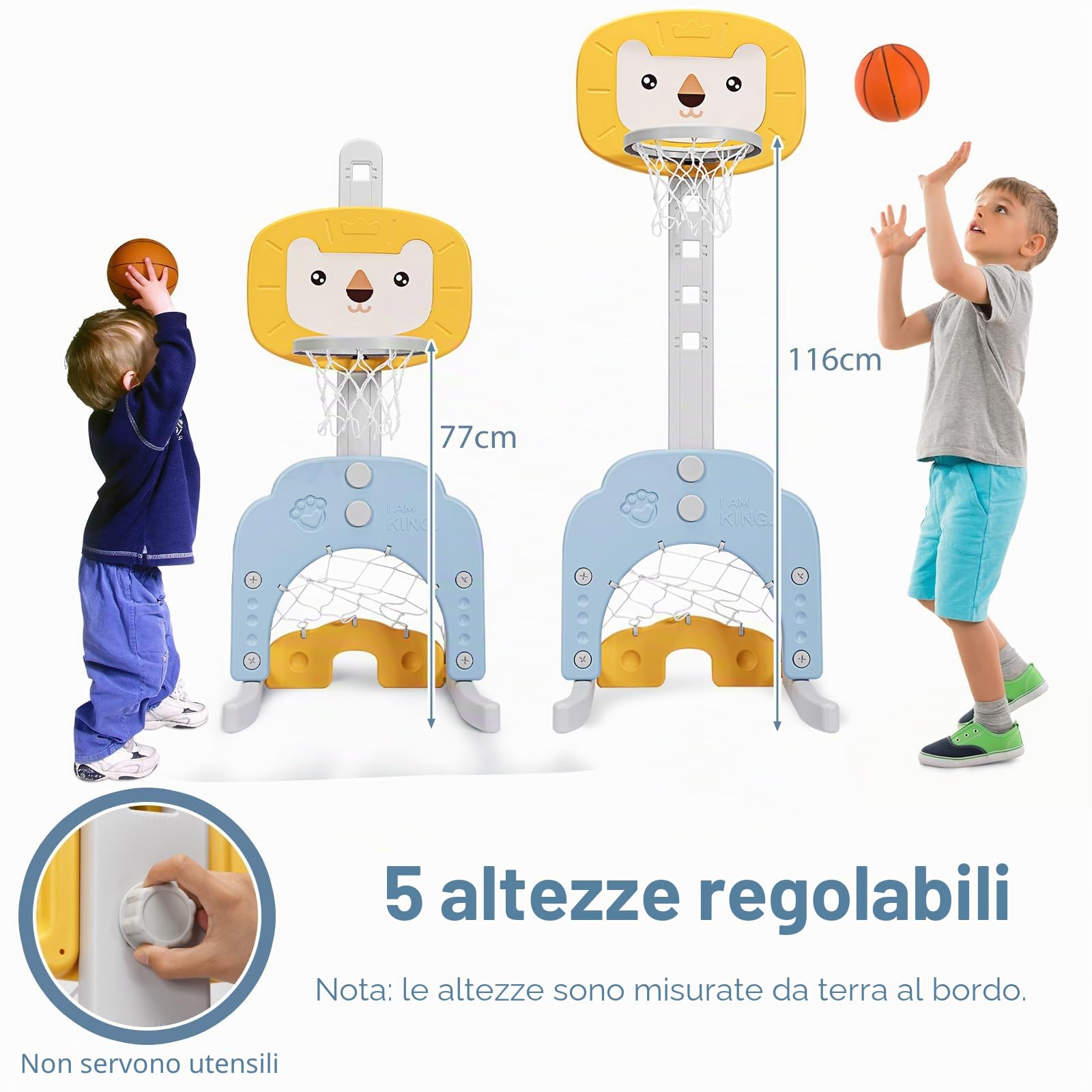 HOMASIS 3 in 1 Canestro Basket Bambini con Pallacanestro, Calcio e Golf, Basket Bambino a Forma di Leone con Altezza Regolabile 110-149 cm, Canestro Basket da Camera da Esterno (Giallo)