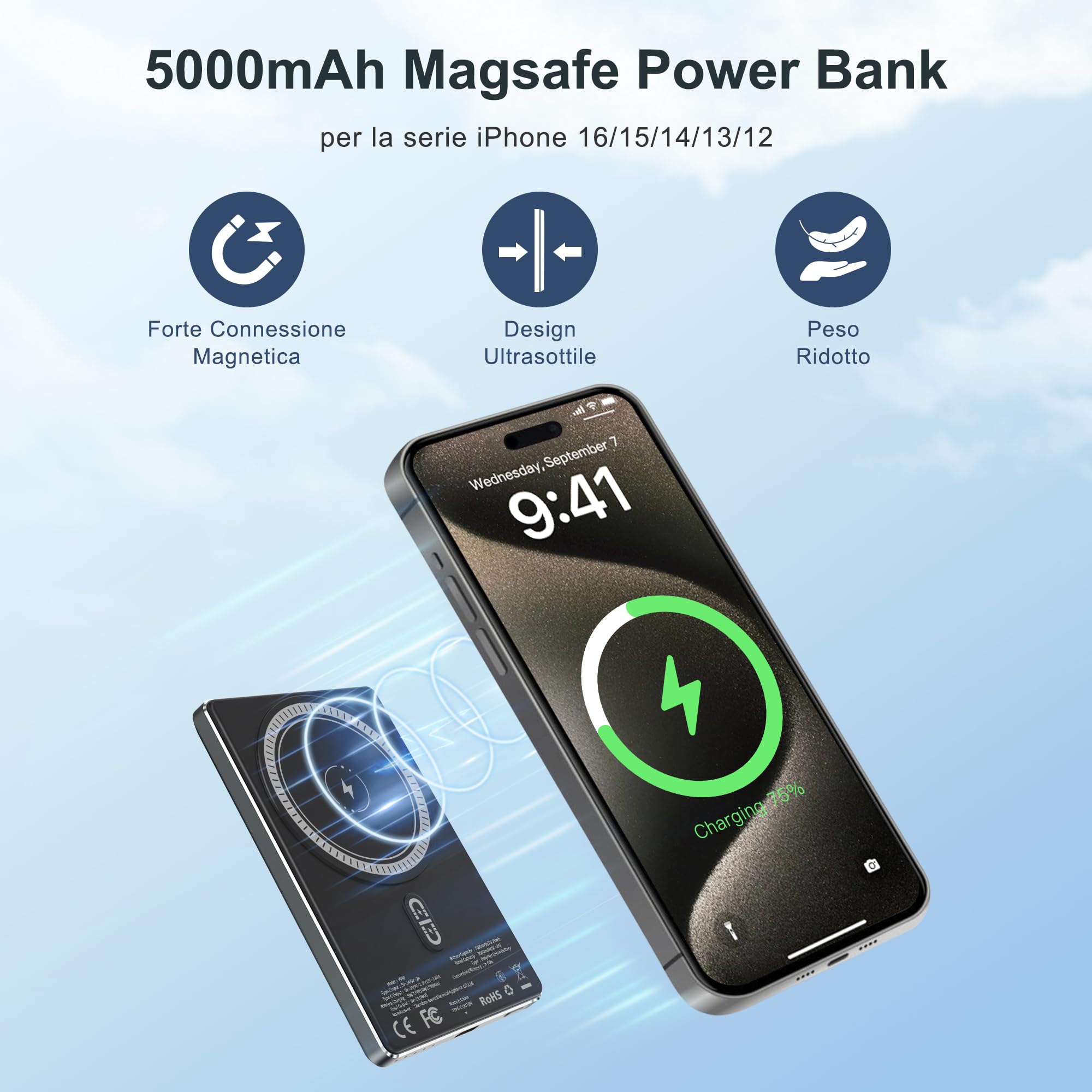 YISH Wireless Mag-Safe Power Bank: 5000mAh Ultra-slim Magnetico Powerbank, Caricatore Portatile Ricarica Rapida USB C PD 20W, Magnetica Battery Pack Compatibile con iPhone 16/15/14/13/12 Pro/Pro Max