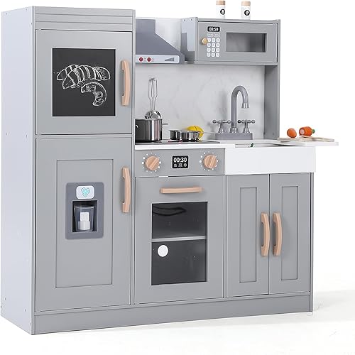 Cocina de madera para niños  Juego de cocina de juego de simulación con microondas, horno, fregadero, máquina de hielo, luces y sonidos reales, 20