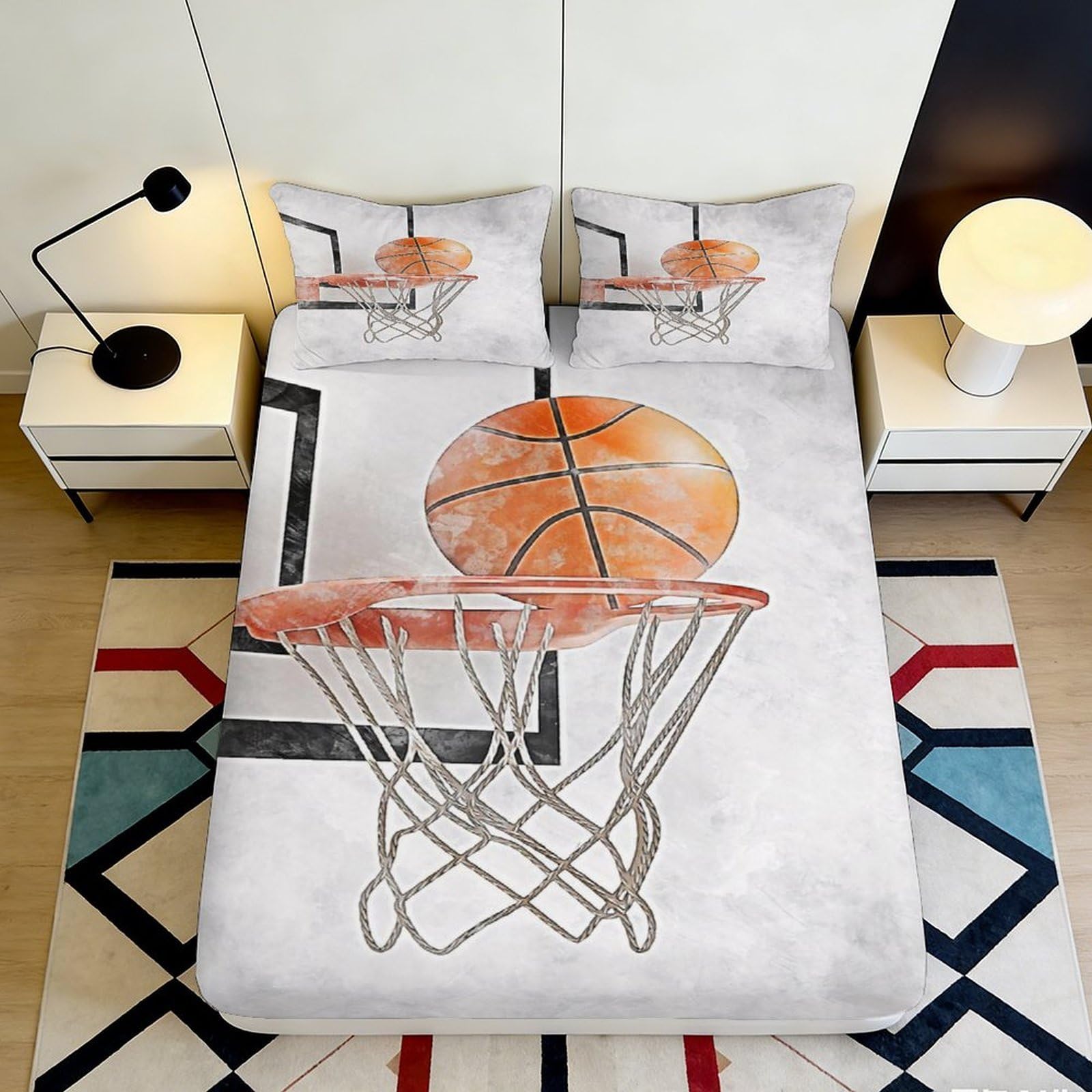 3D Printed Basketball Fitted Sheet Microfiber Soft Breathable Basketball Hoop Bed Sheet Mattress Cover for Bedroom Dormitory Guest Room Mattress Protection 160x200x25cm