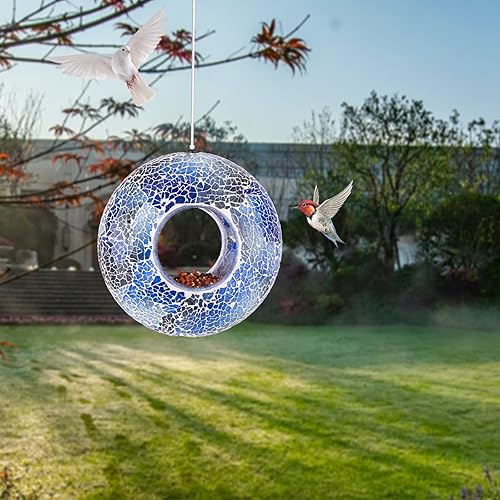 Miniatura 3 de VCUTEKA Alimentador de pájaros mosaico para colgar en el exterior con contenedor de vidrio de forma redonda para atraer más pájaros silvestres para