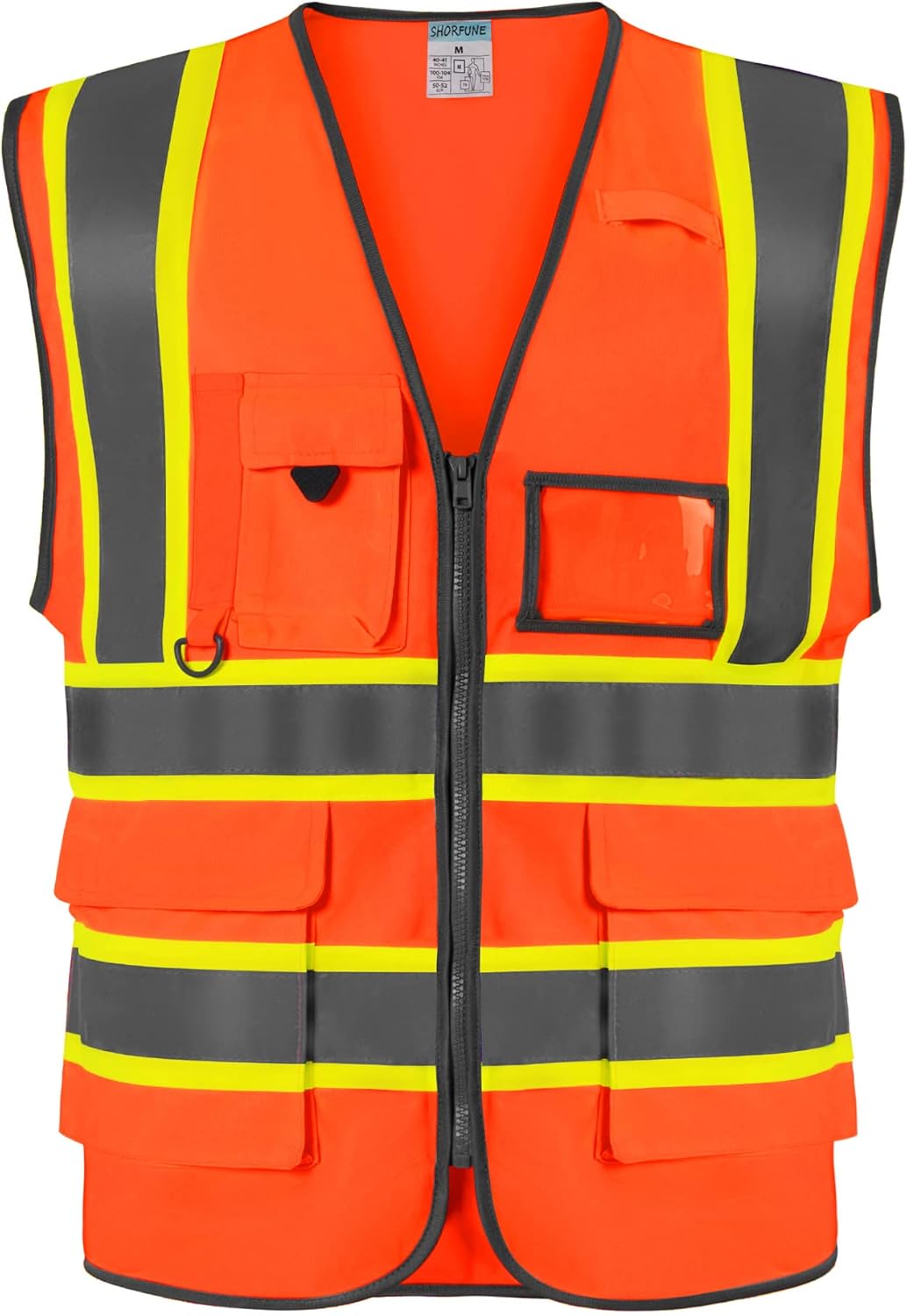 SHORFUNE High Visibility Safety Vest with Pockets, Mic Tab, Reflective Strips and Zipper, ANSI/ISEA Standards