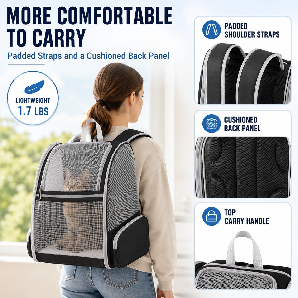 Cat Carrier Backpack for Cats and Small Dogs up to 15 lbs, Soft-Sided Foldable Pet Carrier with Breathable Mesh, Front Upper&Dual Side Entry, Support Frame, Hard Bottom for Vet Visits and Air Travel