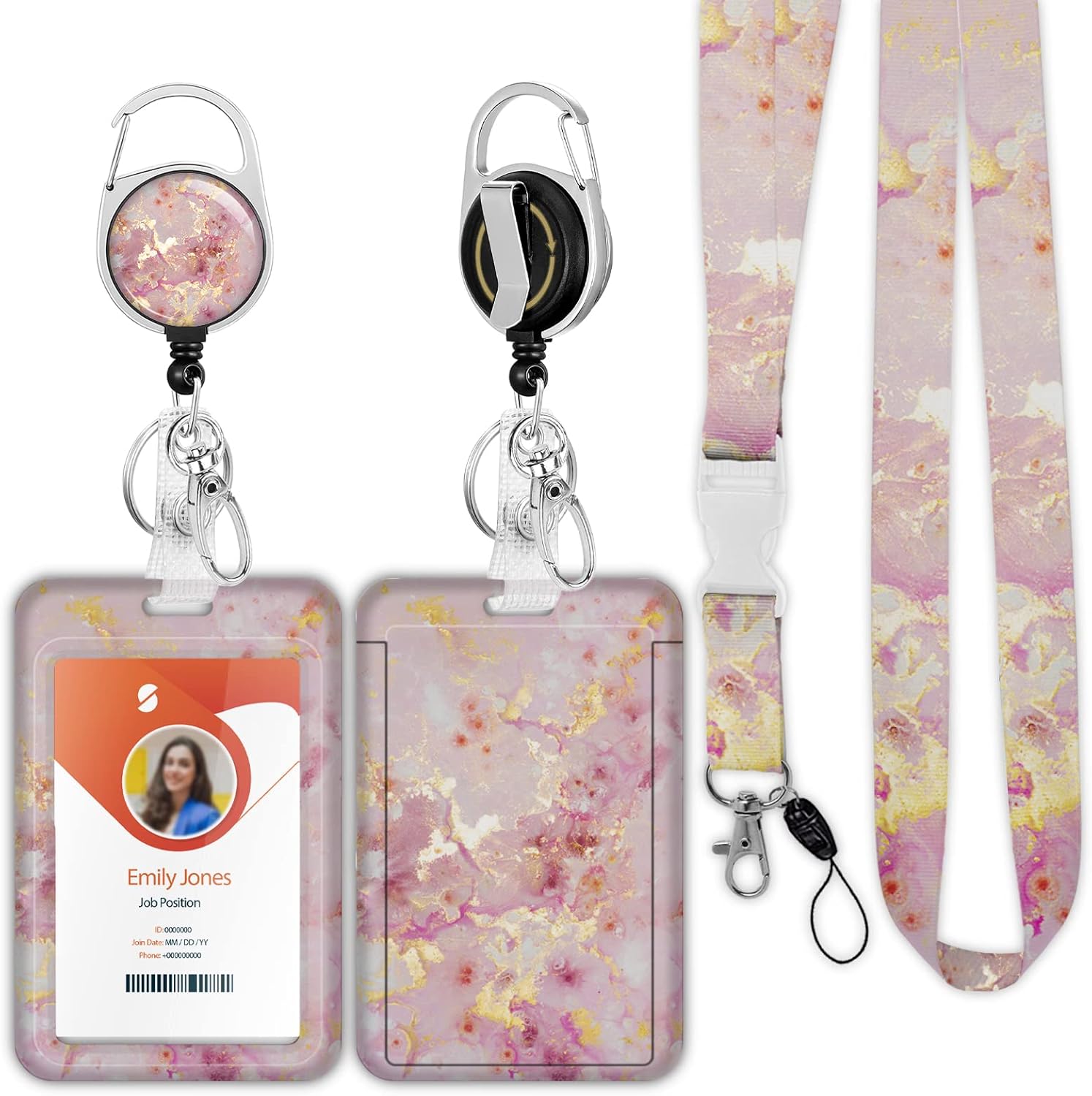 ID Badge Holder with Lanyard,Retractable ID Badge Card Holders Detachable Neck Lanyard Strap with Badge Reel and Vertical ID Holder for Nurse Students Teachers Office Staff(Marble Golden Red)