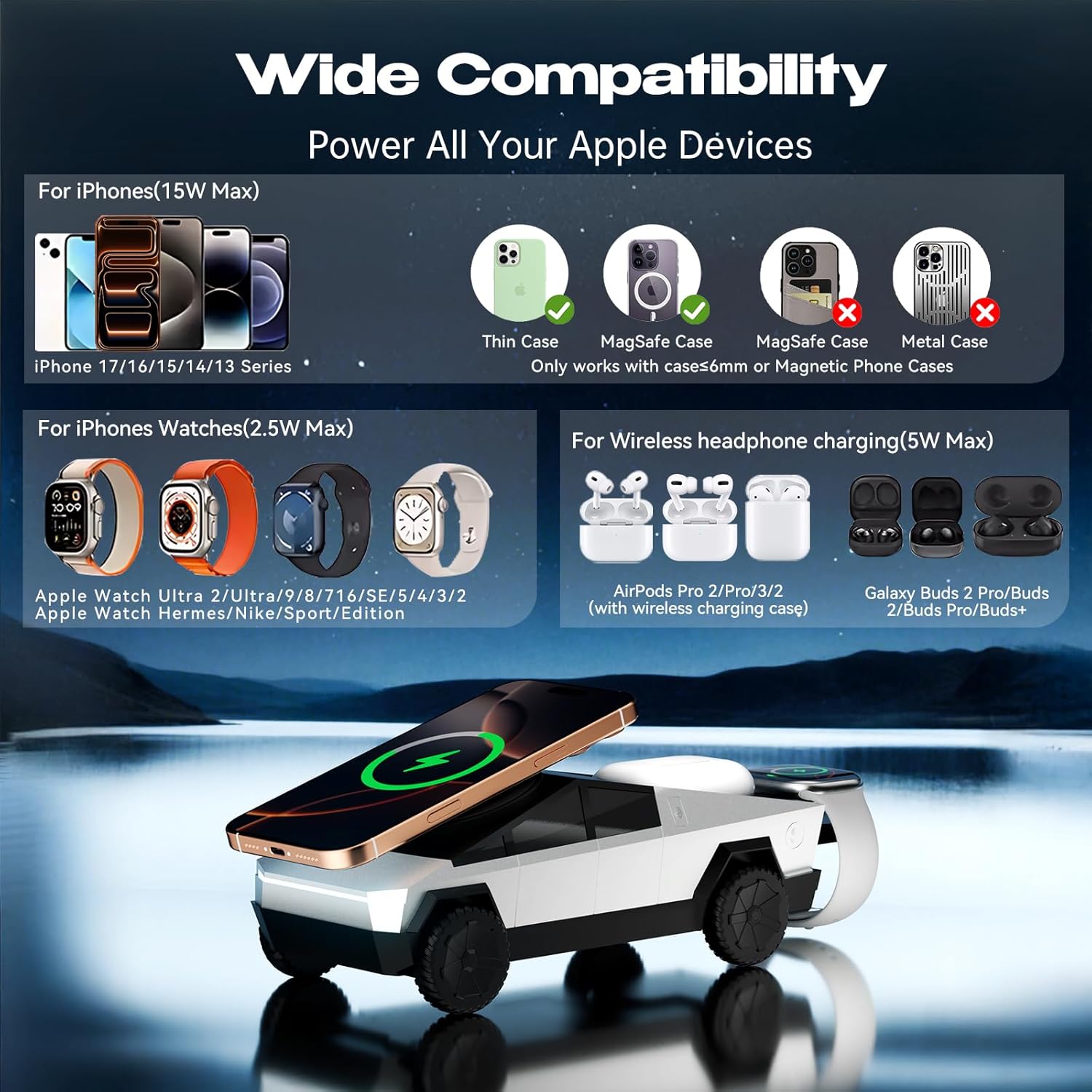 CyberDock (Latest Model) - 3-In-1 Wireless Charging Station for iPhone iWatch AirPods, Cybertruck 1:25 Scale Charger with Qi2 15W Fast Charging, Magnetic Rotation & Ambient Light, 30W Adapter (Sliver)