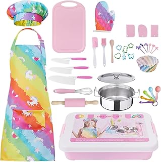 42 Piece Kids Real Cooking Set, Kids Knife Set, Baking Kit, Cookware, Play Pots and Pans, Mini Stainless Steel Pretend Play Cooking Toys, Apron and Chef Hat for Girls, Sensory Toys