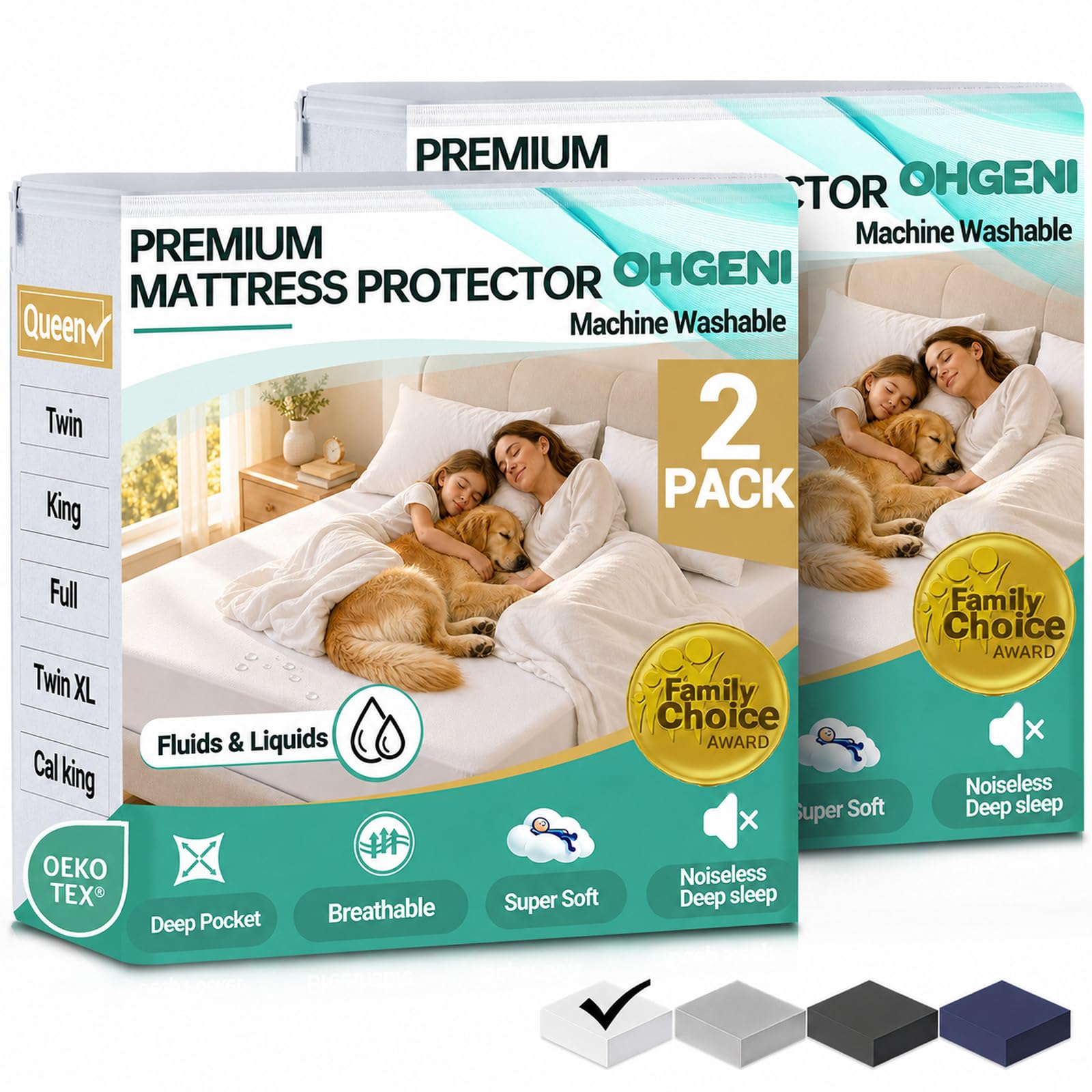 OhGeni 2 Pack Waterproof Mattress Protector, Queen Size Mattress Pad Fitted with Deep Pocket 6"-18", Breathable Soft, Washable DirtProof Mattress Cover, White, More Than 99 pcs fibers, Daybed Cover