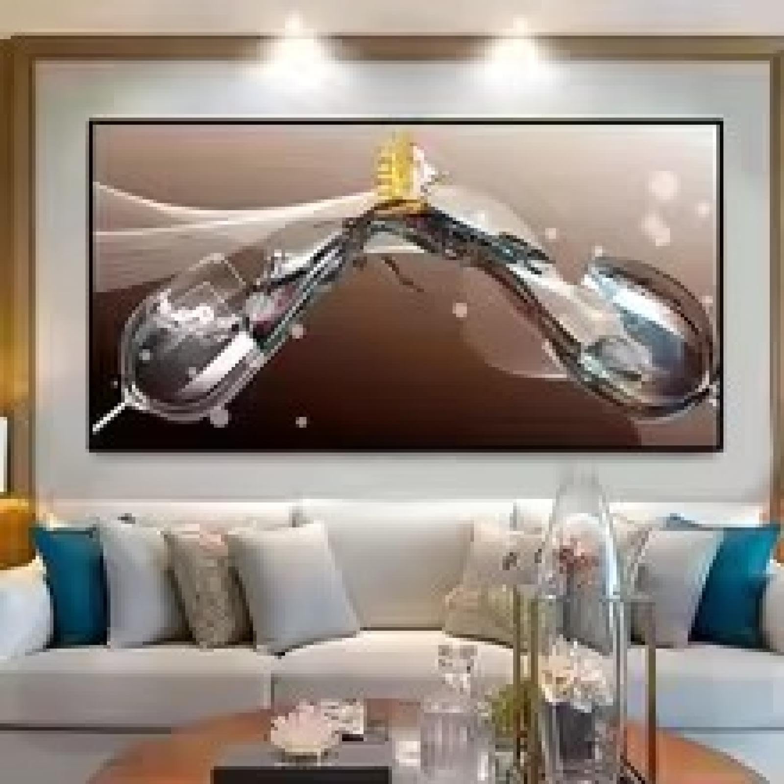 Décoration d'intérieur salon moderne avec triptyque de navires dorés sur toile - 6